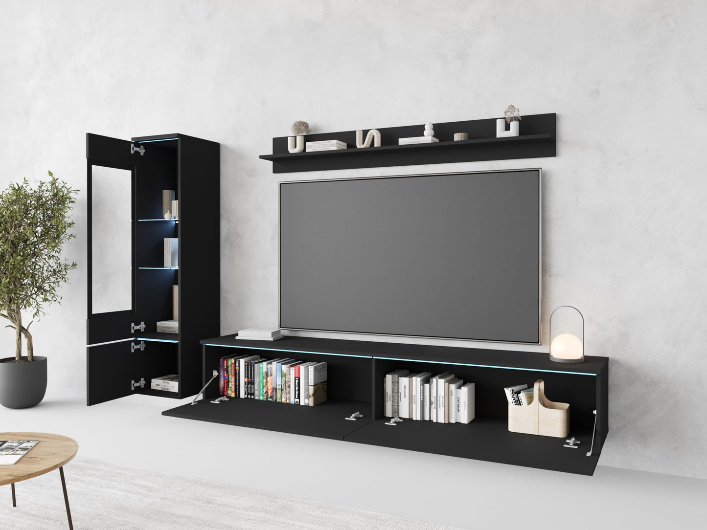 MINIO go for it Veve 2, 4-Piece Wall Unit Set, Hanging or Standing, 2 x Tall Cabinet Display Cabinets, Lowboard, Wall Board, Laminated Clamping Plate, Wotan Oak and Black Gloss, without Lighting