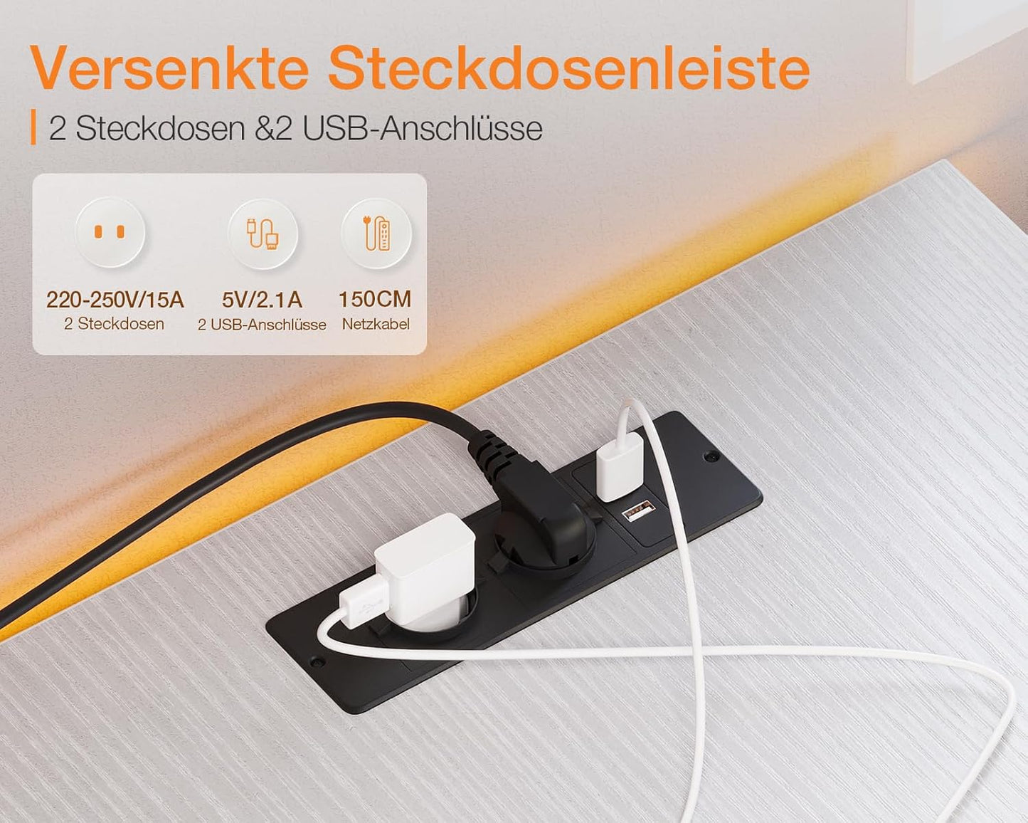 ODK Gaming Tisch, Reversibel Gaming Schreibtisch mit 2 Steckdosen und 2 USB Ladeanschluss, Eckschreibtisch für Office und Gaming, Weiß, 150×102cm