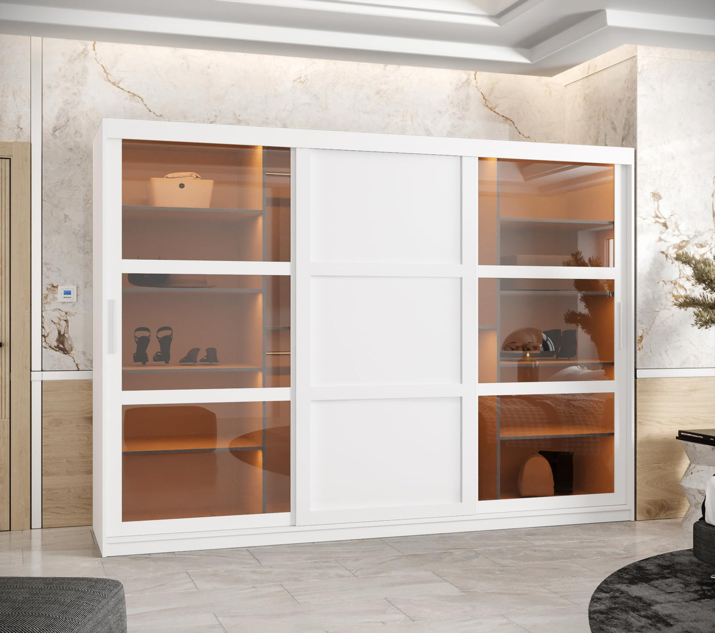 MEBLE KRYSPOL Dome 2 Schrank mit DREI Schiebetüren mit Spiegel, Stangen und Regalen - Aufbewahrungsschrank mit Rauchglas für Schlafzimmer, Wohnzimmer - 200x250x62cm - Schwarz, Schwarz, Schwarz