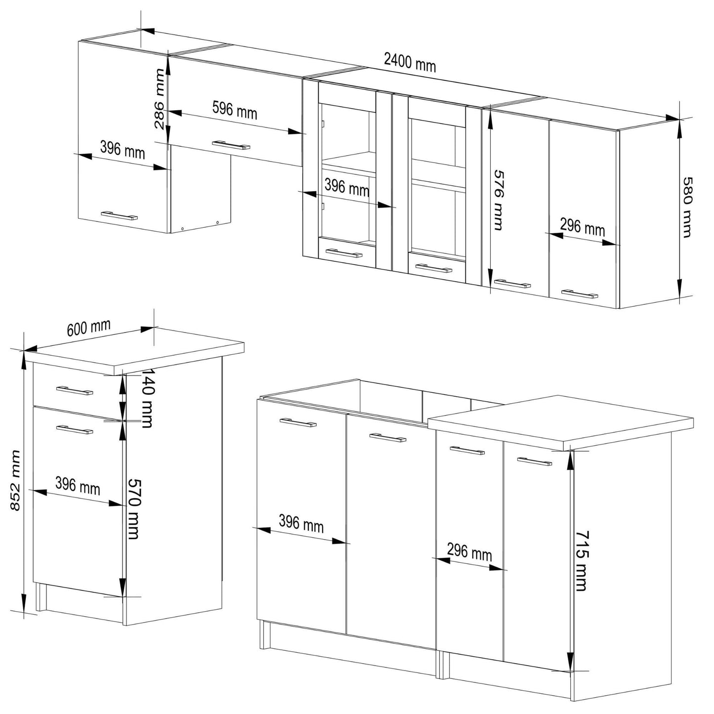 AKORD Küchenmöbel-Set OLIWIA 2.4m Modulares 240 cm 11 Türen 1 Schublade, Küche Komplett, Kitchen Cabinet Set, Küchenschränke, Standschränke, B240xH203xT46 cm, Beton & Beton