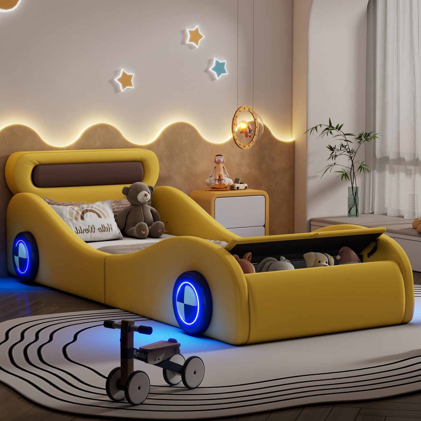 Autobett Kinderbett Jugendbett 90x200, Polsterbett Einzelbett mit leuchtenden Rädern&Stauraum, Aufregendes Auto Kinderbett für kleine Rennfahrer, Kinder Spielbett mit Lattenrost, PU,Ohne Matratze,Weiß