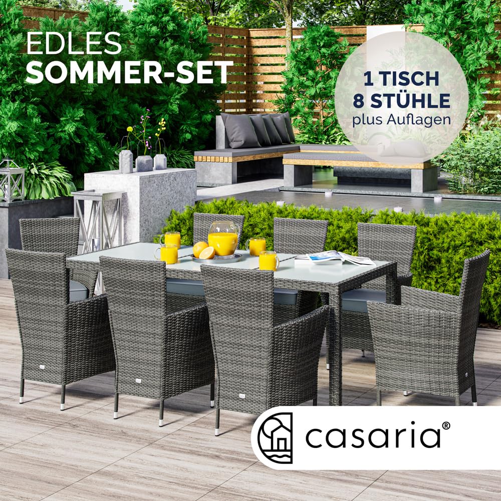 Casaria® Gartenmöbel Set 8 Personen Stühle inkl. 7cm Polster & Abdeckung Tisch 190x90cm 160kg Belastbar Wetterfest Polyrattan Stapelbar Terrasse Möbel Grau