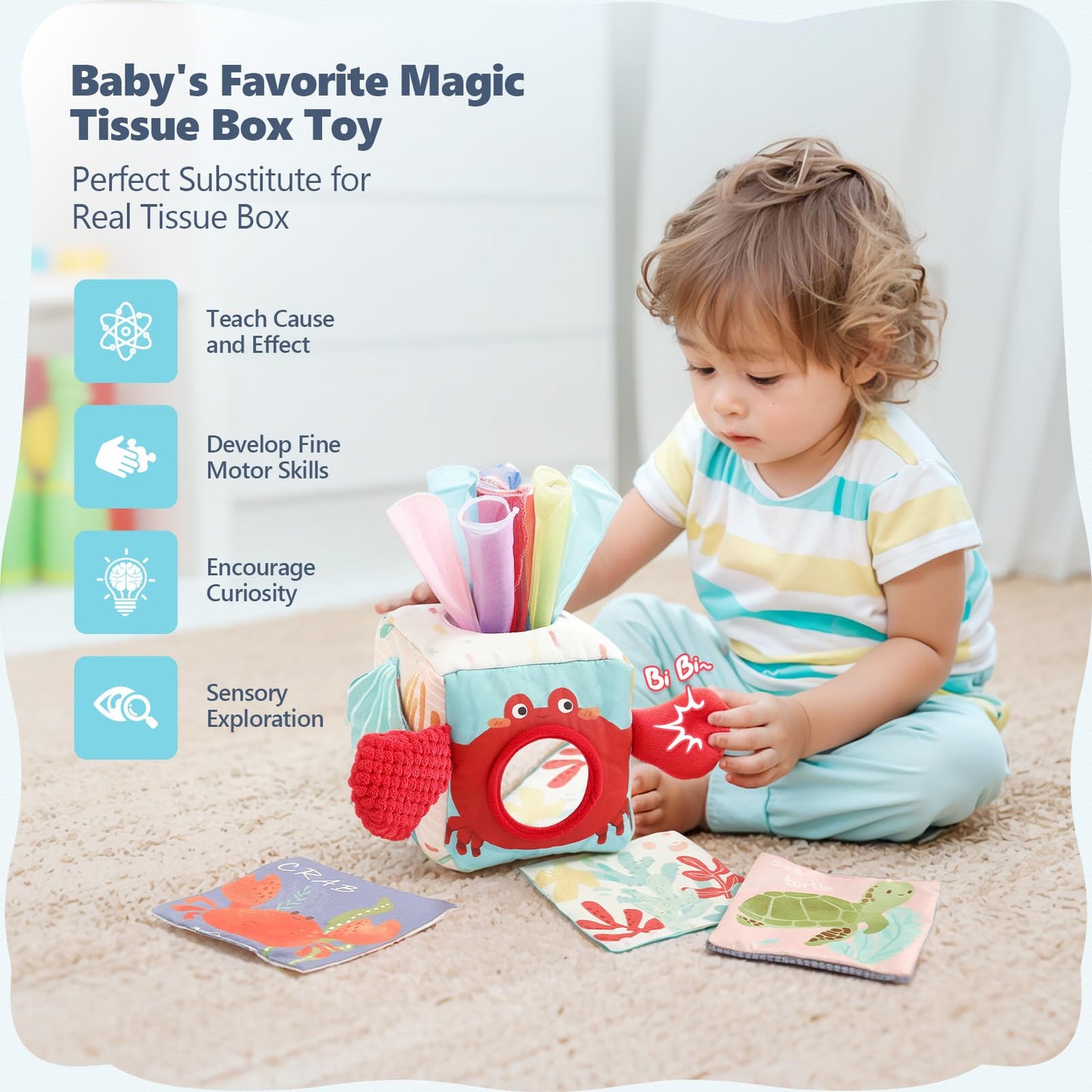 WOODEN TEETHER Tissue Box Montessori Motorikspielzeug, 6-12 Monate Sensorik Baby Spielzeug mit Spiegel, Farben, Texturen, Kinder Frühes Lernspielzeug für Jungen Mädchen Geschenke
