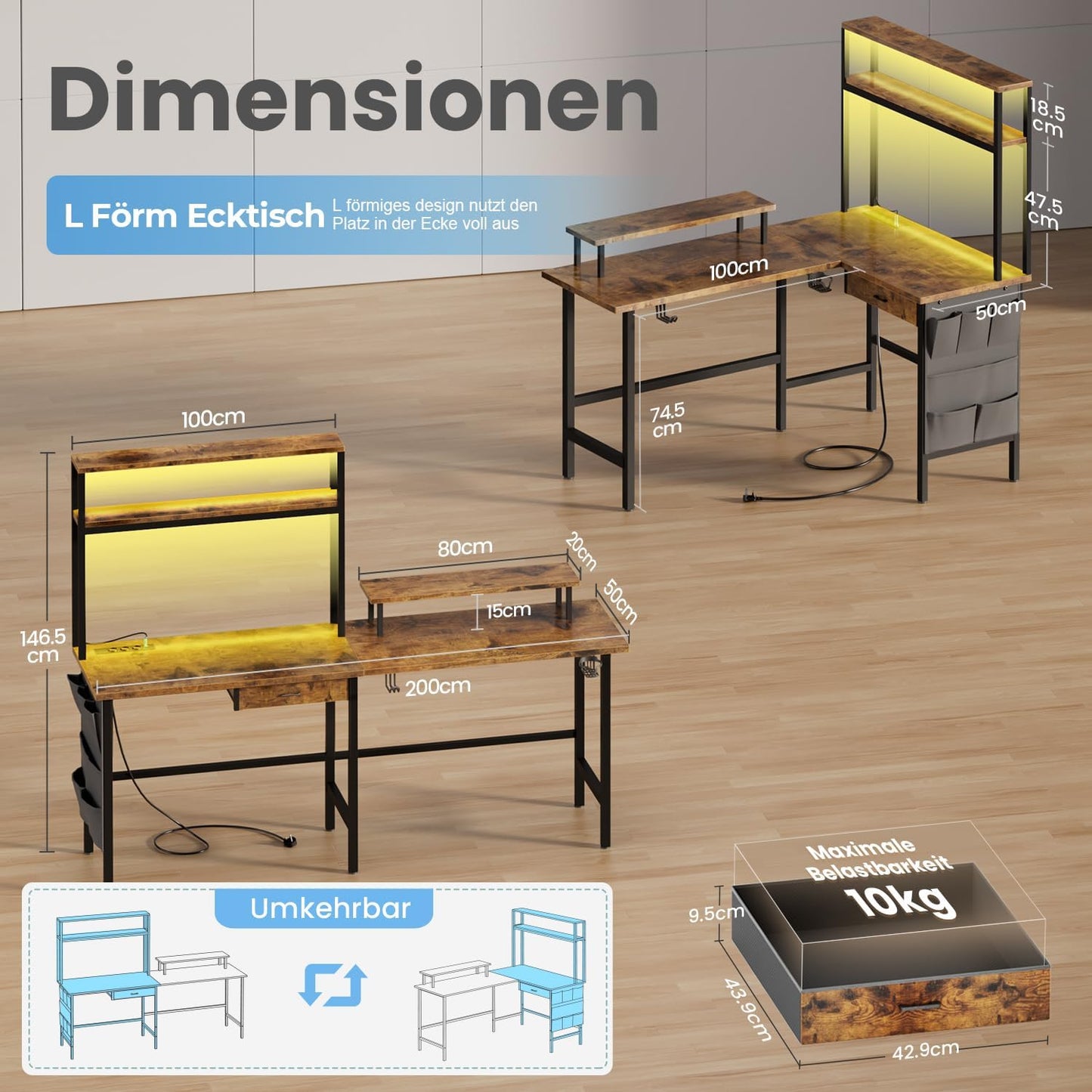 HLONONE Gaming Table with LED, 150 x 100 cm Gaming Desk, L Shape with 3 Sockets and 2 USB, Reversible Corner Desk, PC Corner Table, Computer Desk with Monitor Stand and Countertop Shelf, Black