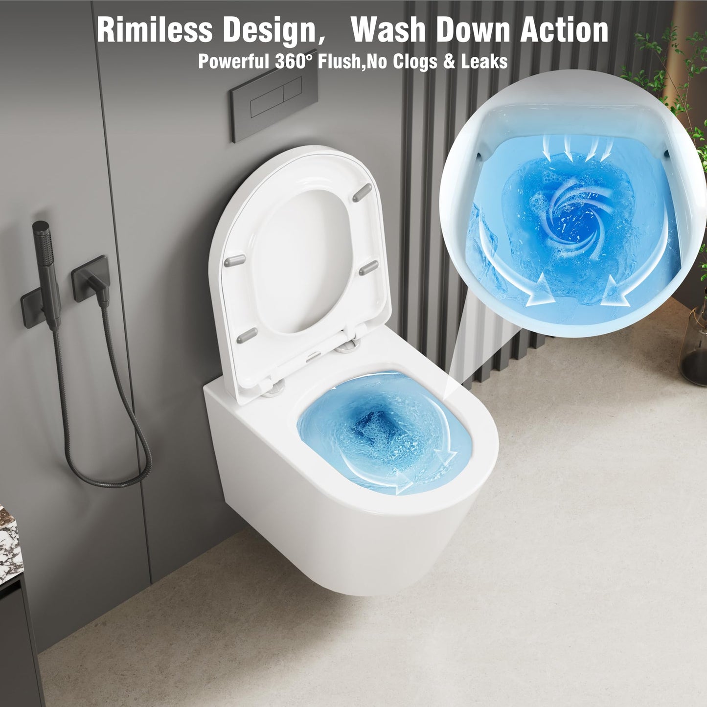 Hängend WC Spülrandlos Toilette, Wand-WC Set aus Keramik mit Toilettendeckel Abnehmbaren Absenkautomatik Effizienter Spültechnik Hängetoilette, D-Form,Lang 51cm, Weiß