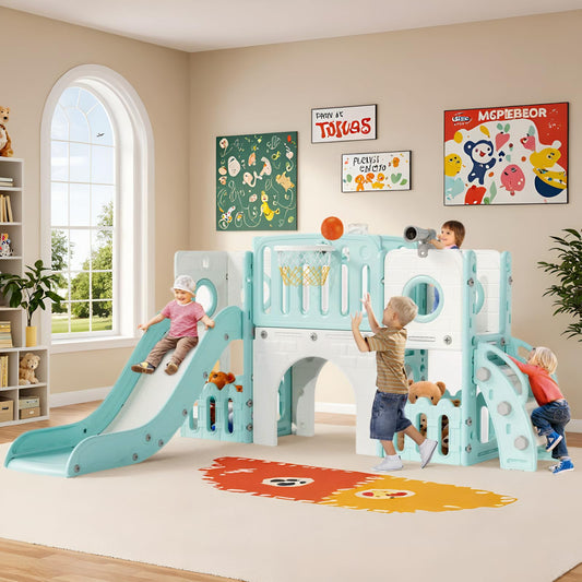 MAMIZO 9 in 1 Kinderrutsche, Kinder Rutsche mit Klettergerüst, Indoor & Outdoor Rutsche mit Basketballkorb und Teleskop, Tunnel, Stauraum, Gartenrutsche,Kinder Spielplatz, mit 2PCS Moduls, Gelb Blau