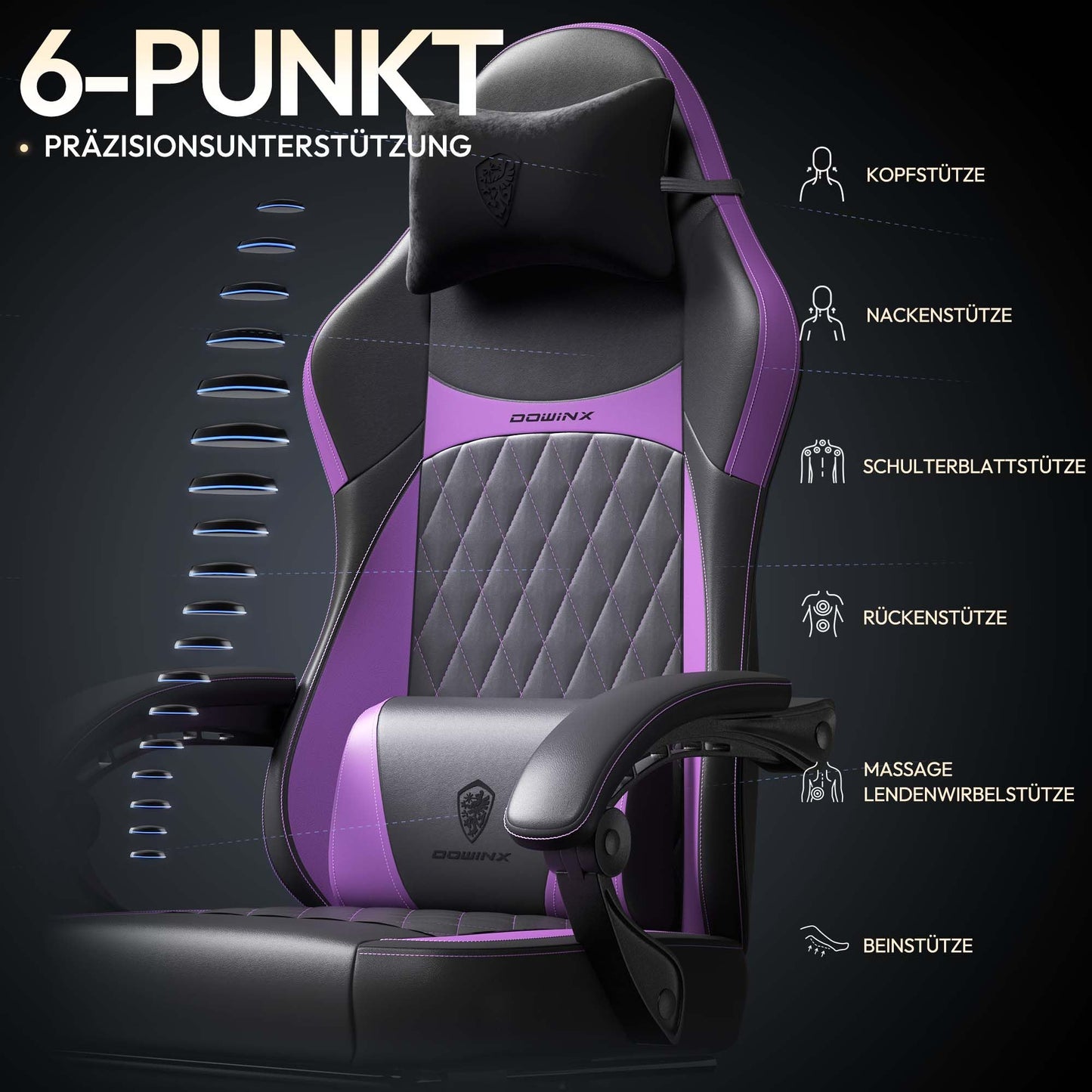 Dowinx Gaming Chair, Racing Gamer Chair, Ergonomic Gaming Chair with Lumbar Support, Gaming Chair, PU Leather, 150 kg, Black Purple