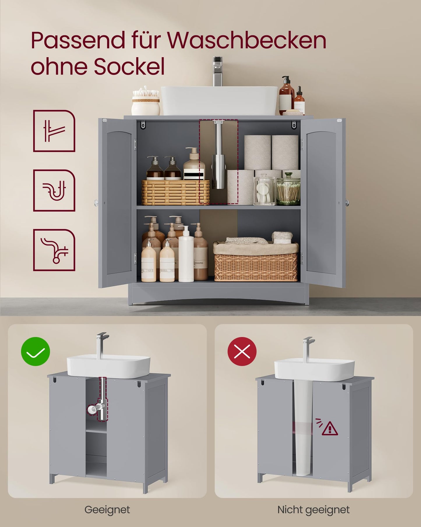 VASAGLE BBC410P31 Vanity Unit Extra Long 30 x 90 x 60 cm 2 Doors Bathroom Cabinet Open Compartments Height Adjustable Shelves White