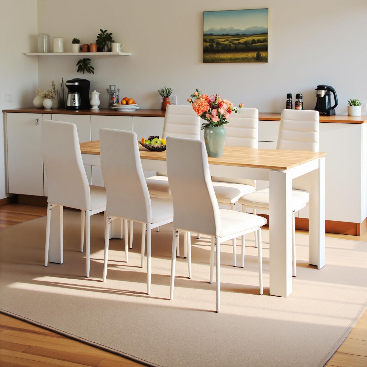 FURNITABLE Esstisch mit 6 Stühlen Esszimmergruppe, Essgruppe mit Hochlehner Kunstleder Stuhl für 6 Personen, Sitzgruppe für Küche Wohnzimmer(160cm Eiche-Weiß Tischbein Tisch+6 Schwarz Stühle)