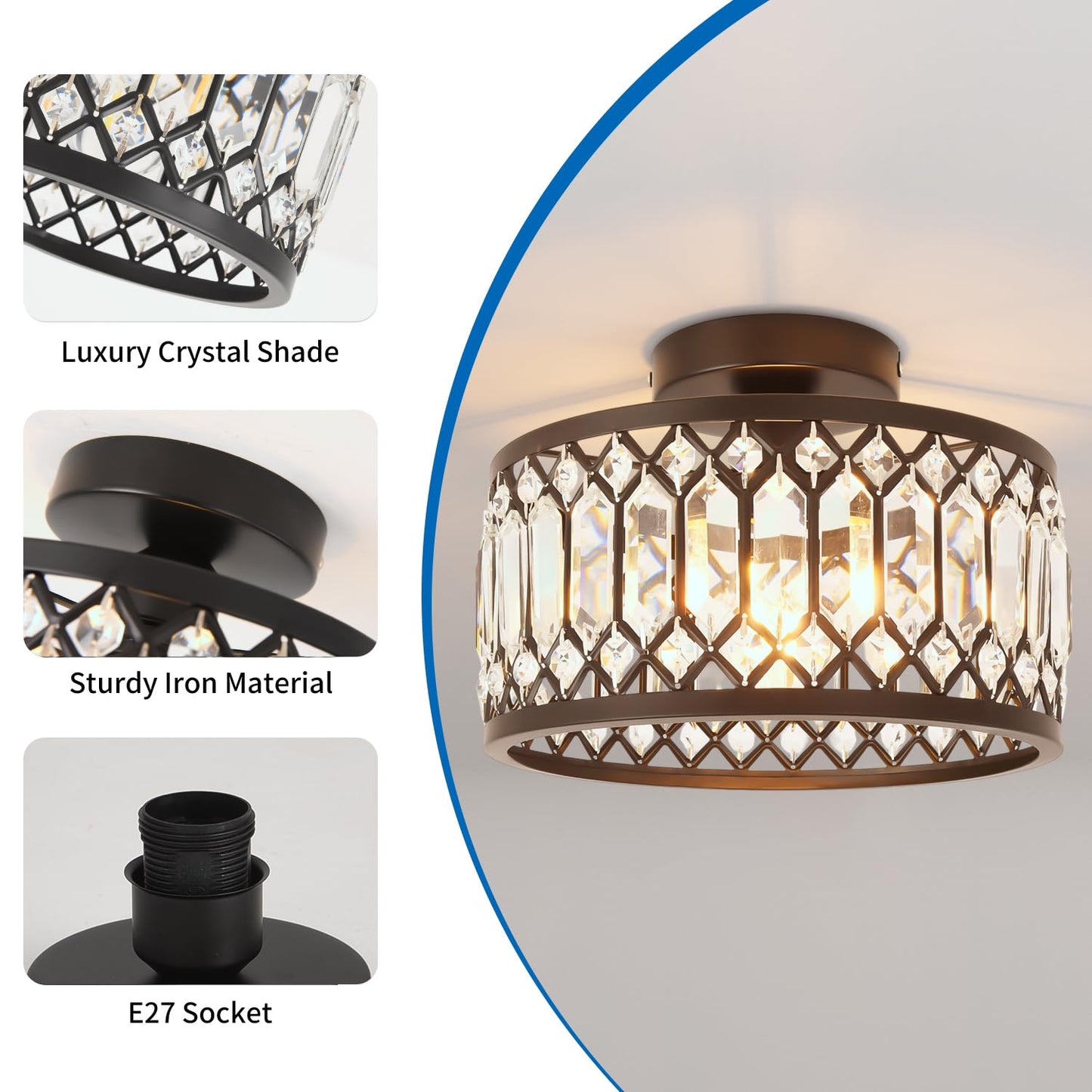 ANWIO Ceiling Light Living Room, Modern Crystal Ceiling Light Black Living Room, E27 Crystal Chandelier Bedroom with Glass Lampshade for Dining Room, Kitchen, Hallway, Office, Diameter 27 cm