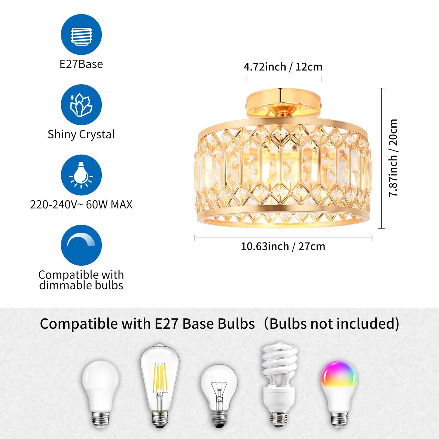ANWIO Ceiling Light Living Room, Modern Crystal Ceiling Light Black Living Room, E27 Crystal Chandelier Bedroom with Glass Lampshade for Dining Room, Kitchen, Hallway, Office, Diameter 27 cm