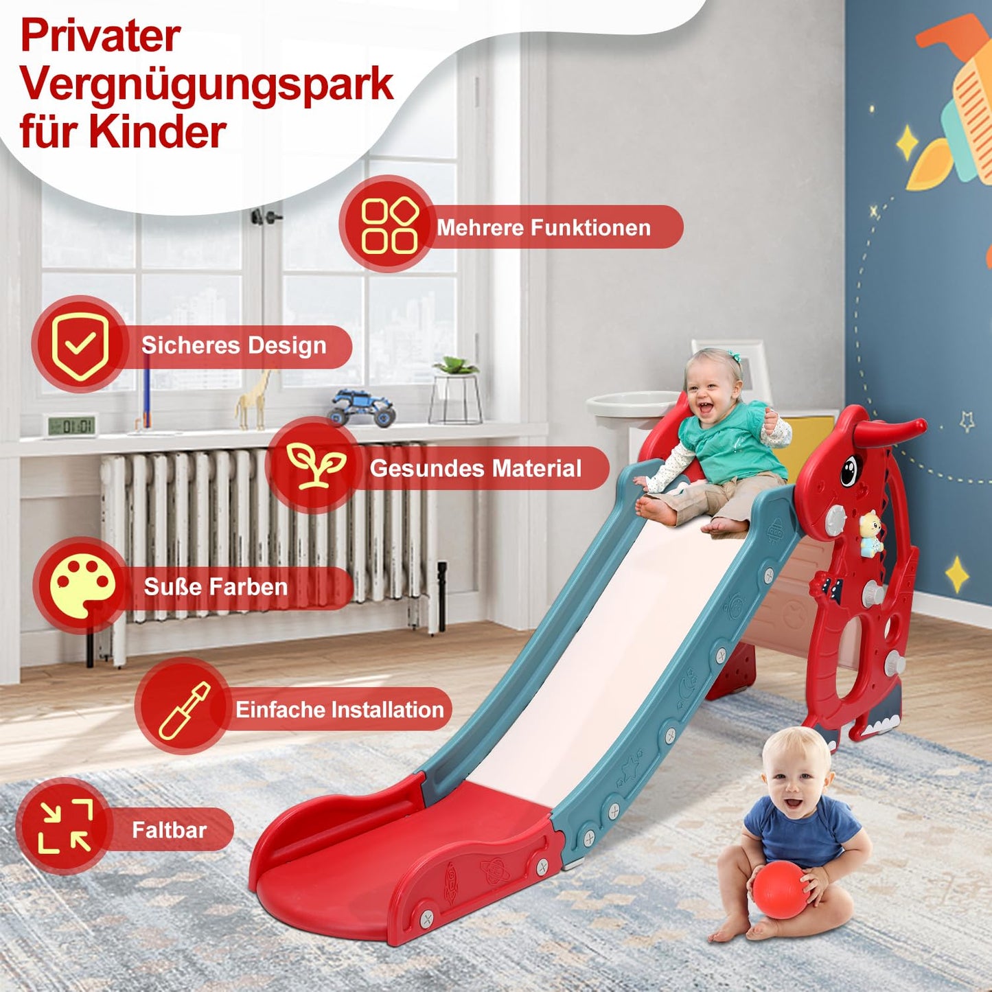 Joparri Children's Slide Foldable Children's Slide Stable Garden Slide with Basketball Hoop and Armrests, Children's Fun Slide with English Early Education Device, Indoor and Outdoor Toddler Slide,