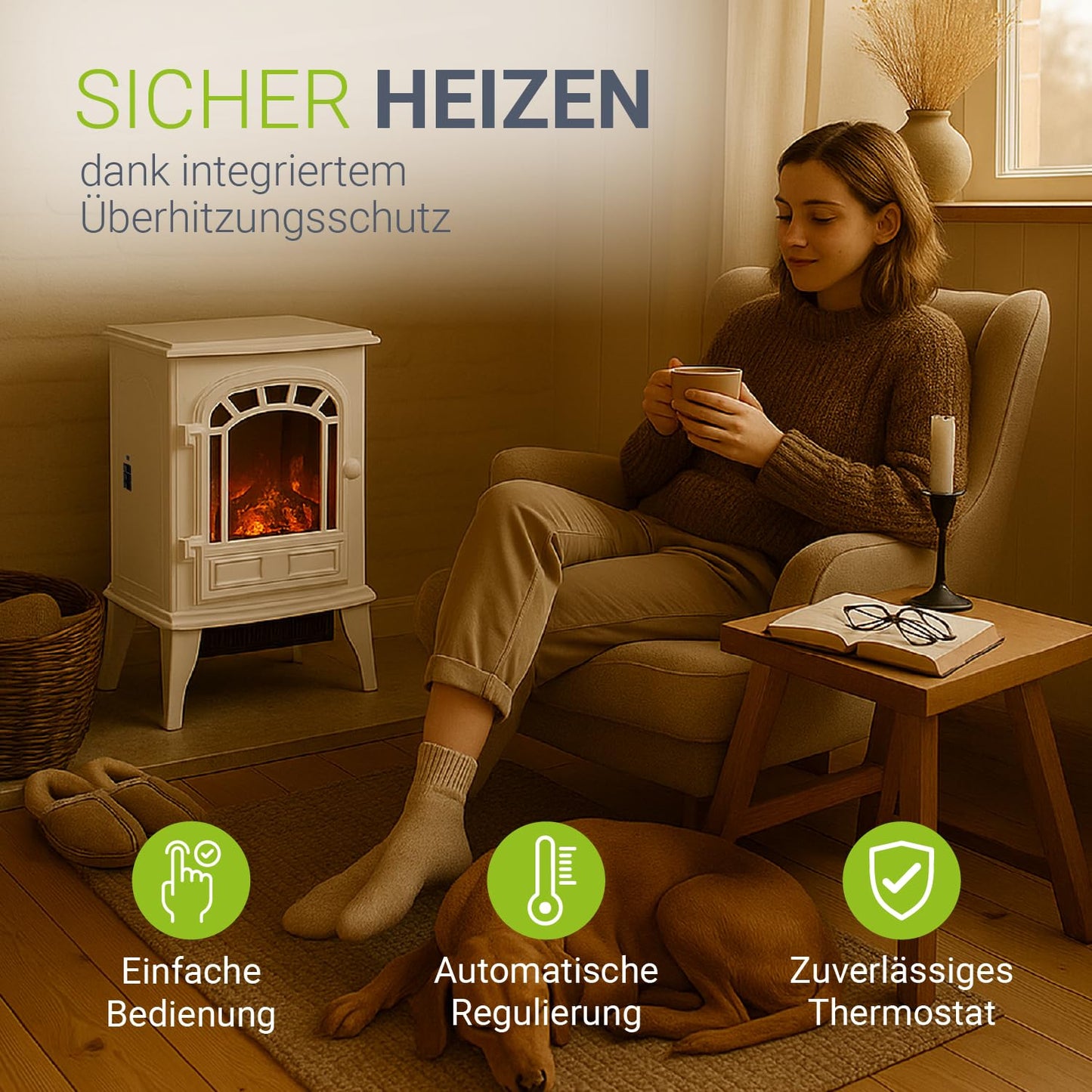 Juskys Electric Fireplace 2000W - White, Electric Standing Fireplace with Flame Effect, 2 Heat Settings, Thermostat & Safety Shutdown for Living Room