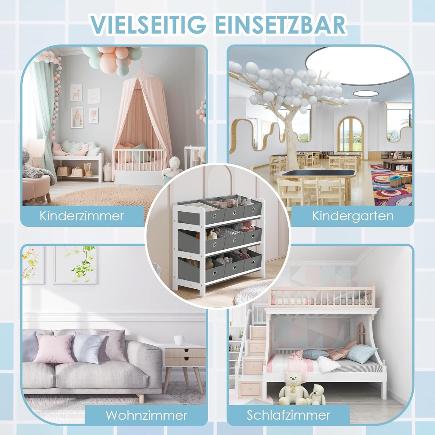 Lestarain Children's Shelf with 9 Boxes, Children's Bookcase, Toy Storage, Montessori Toy Shelf, Children's Room, Playroom, Nursery, 63.5 x 58 x 29.5 cm, Wood, White Grey