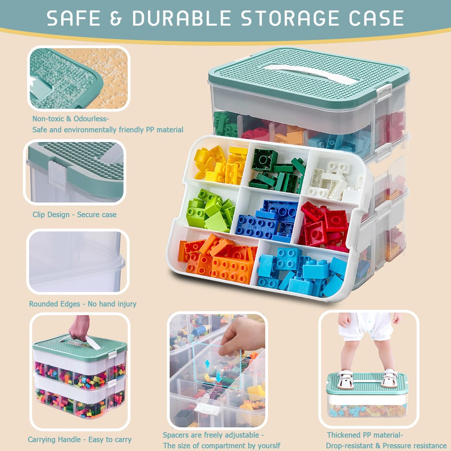 Kinder Aufbewahrungsbox mit Deckel Bausteine Boxen Aufbewahrung Spielzeugkiste Kinderzimmer Kinderbox 3 Stufen Stapelboxen Staubox Ordnungsboxen Transparent Organizer Box Trennbare Kunststoffbox
