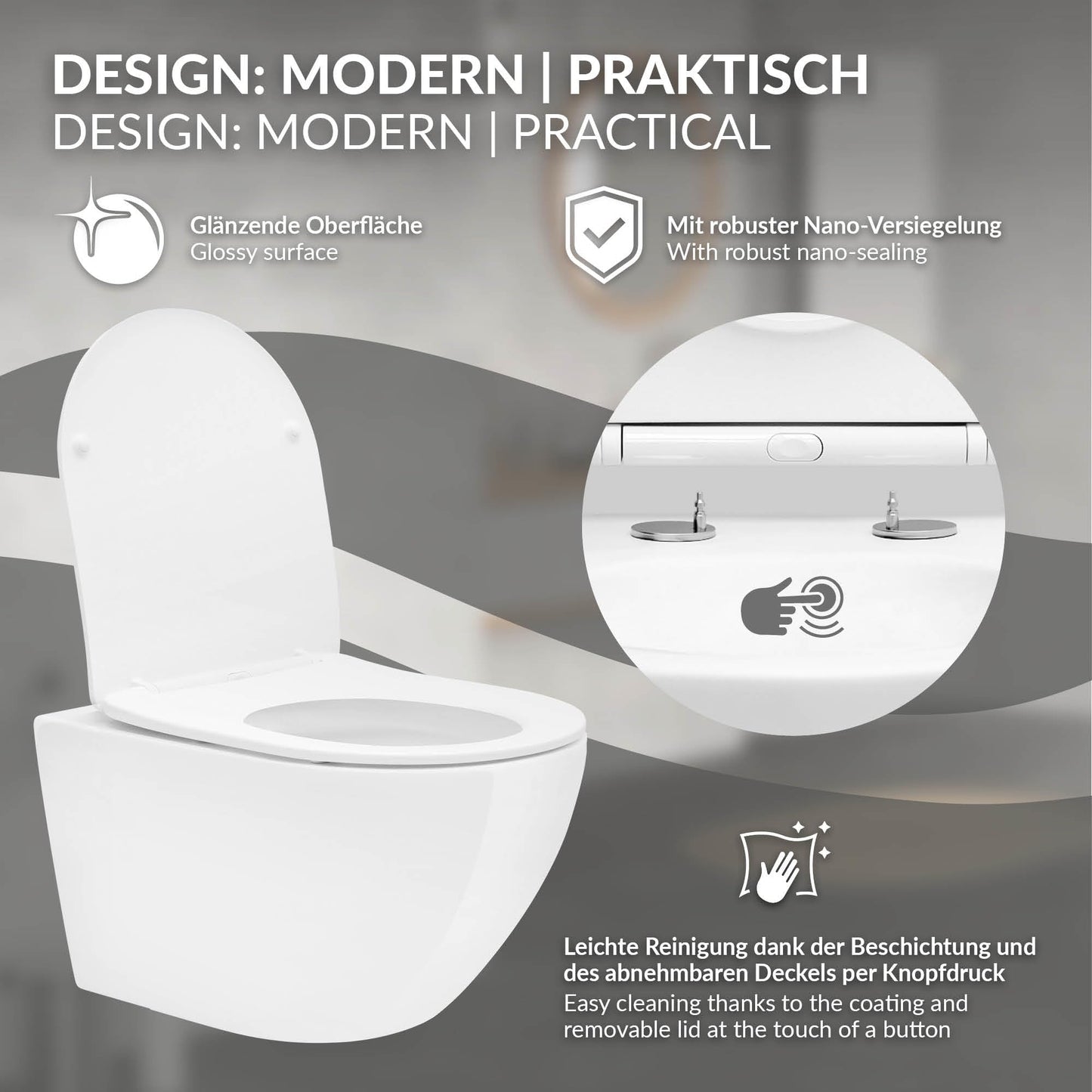 ECD Germany Rimless Wall-Mounted Toilet Ceramic White Matt with Nano Coating, Wall Toilet Long 52 cm, Removable Toilet Seat Made of Duroplast Soft Close Mechanism, Deep Washdown with Lotus Effect