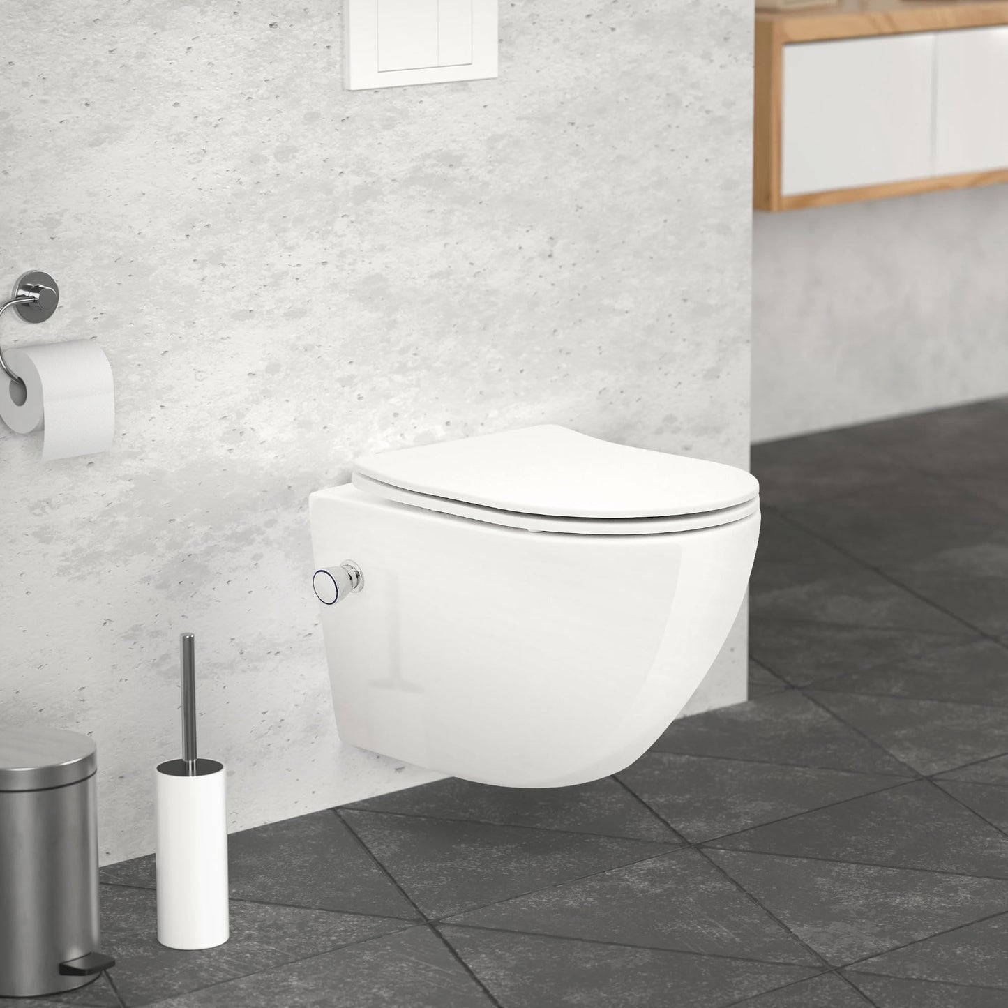 LuxeBath Wall-Mounted Toilet Rimless with Bidet Function, White, Deep Washdown Ceramic Hanging Toilet, Long 53.5 cm, Shower Toilet Nano Coating, Tornado Flush, Shiny Toilet Bowl Hanging with Toilet
