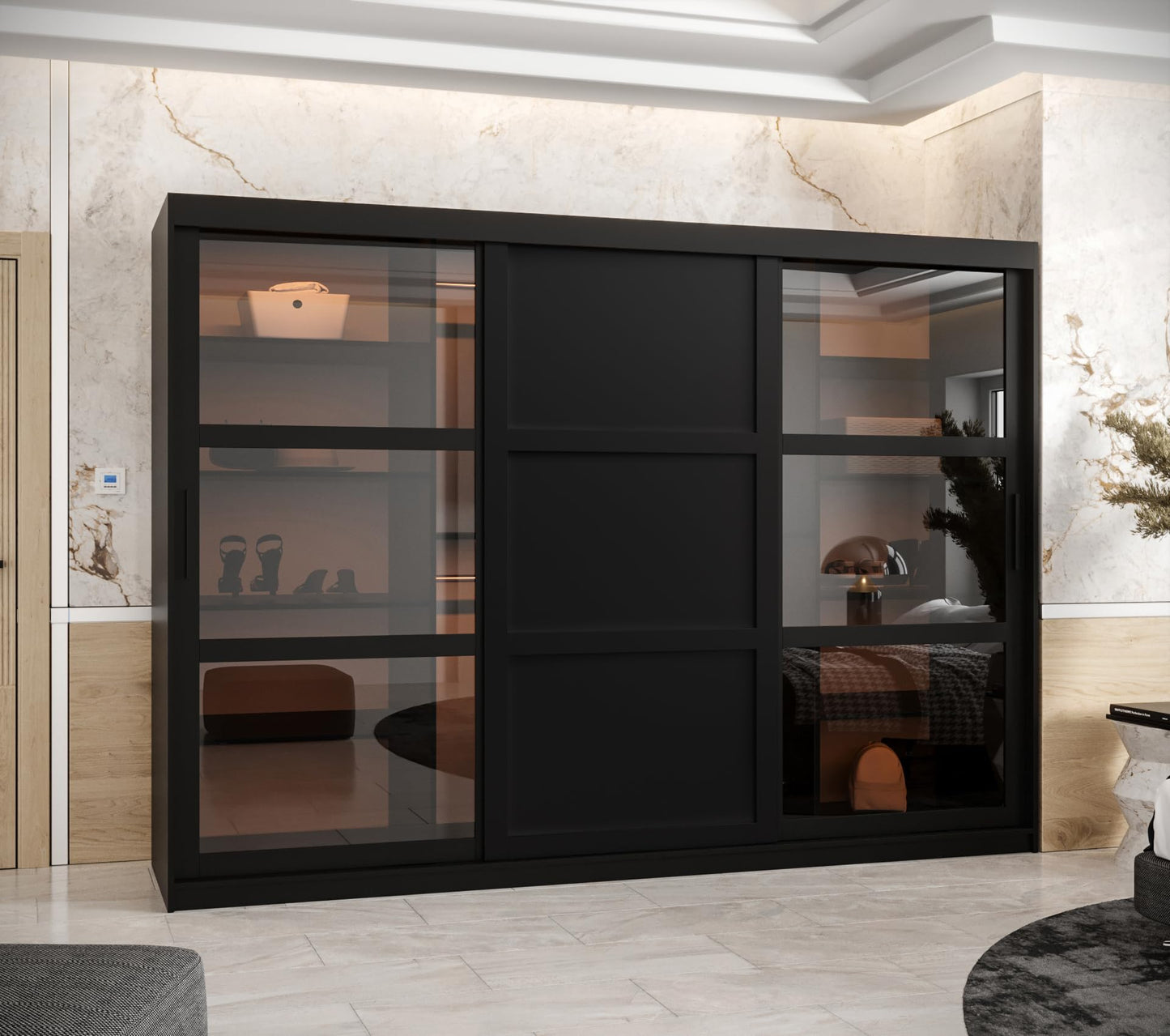 MEBLE KRYSPOL Dome 2 Schrank mit DREI Schiebetüren mit Spiegel, Stangen und Regalen - Aufbewahrungsschrank mit Rauchglas für Schlafzimmer, Wohnzimmer - 200x250x62cm - Schwarz, Schwarz, Schwarz