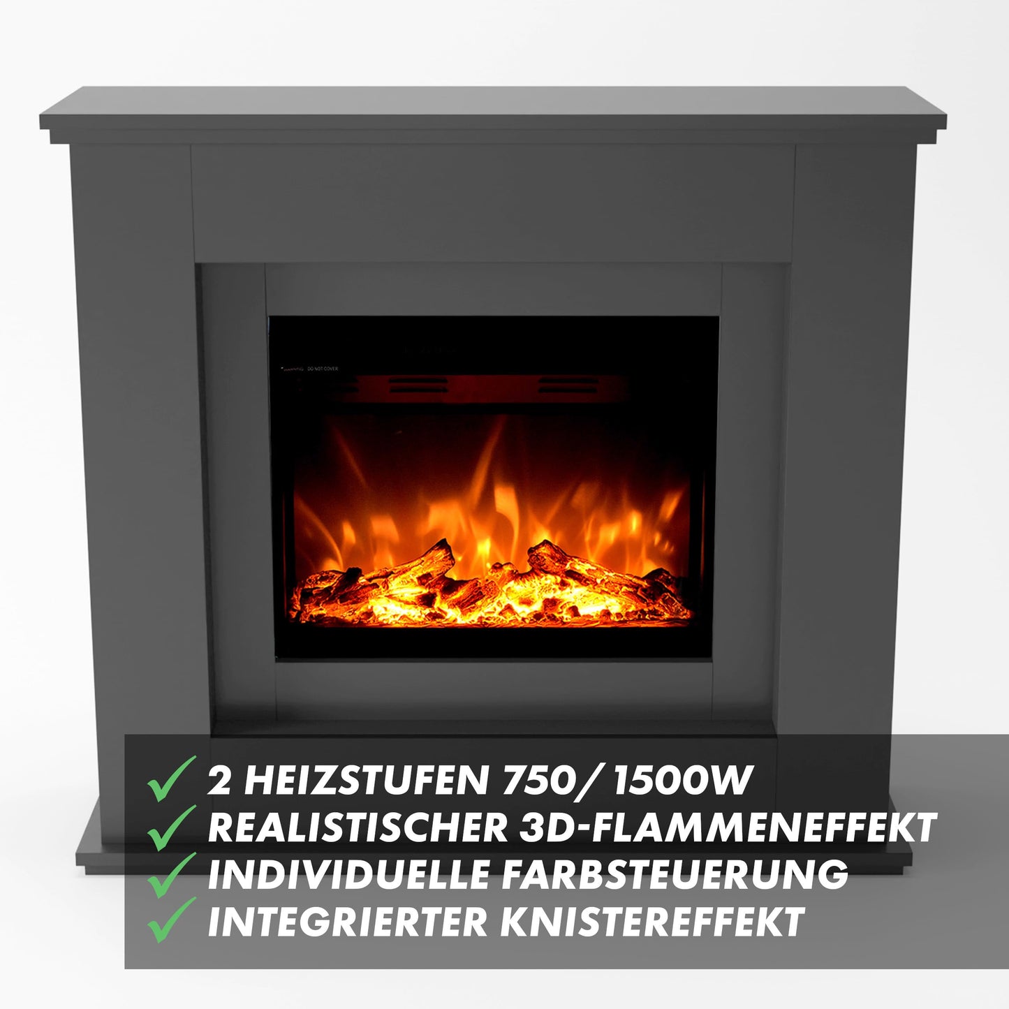 GLOW FIRE Elektrokamin mit Heizung und Kaminfeuer (Standkamin Europa) - elektrischer Kamin mit LED-Feuer in 3 Farben, Heizlüfter, Holz-Deko & Fernbedienung, 111x101x33 cm, Schwarz