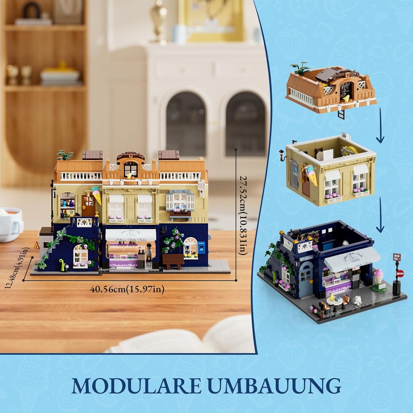 FUNWHOLE Stadtleben Eisdiele Klemmbausteine Haus,Modular Building mit Beleuchtung,F9078,Gelato Store