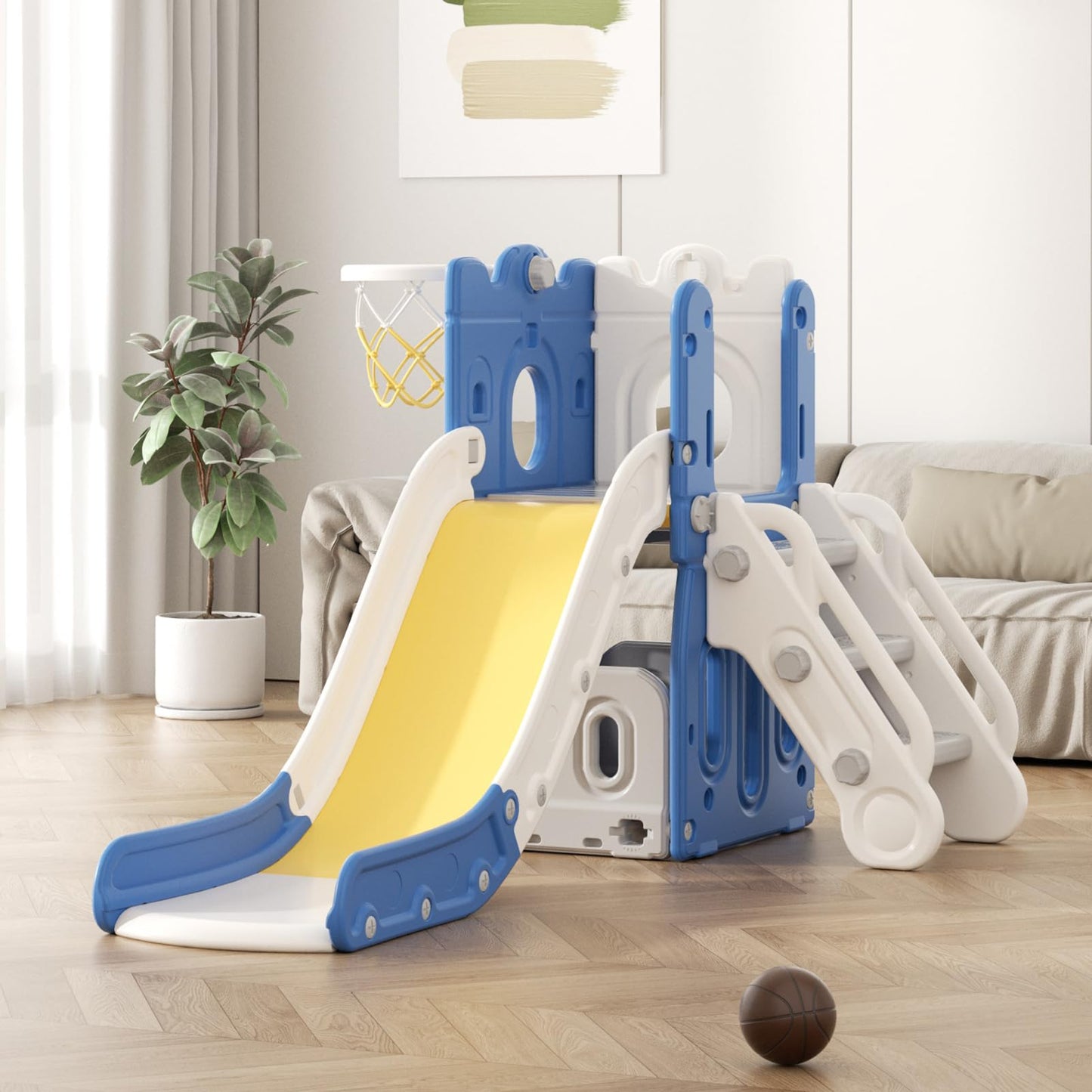 Rutsche mit Klettergerüst für Kinder: Indoor Spielplatz mit - Aufbewahrungsbox Tunnel Treppenleiter Basketballkorb und Durchgangsbereich Gartenrutsche (Star Set-G-Brown)