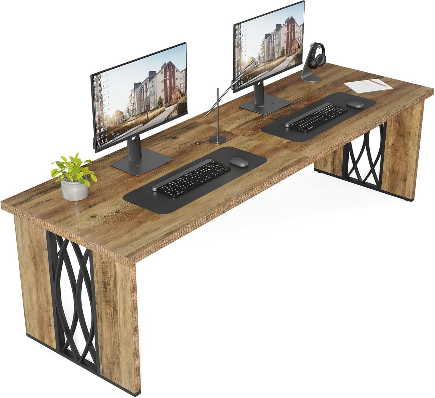 Tribesigns Computer Desk, 200 x 70 x 76 cm, Double Long Desk, PC Table, Office Table, Work Table, Industrial Design Conference Table for Home Office, Brown