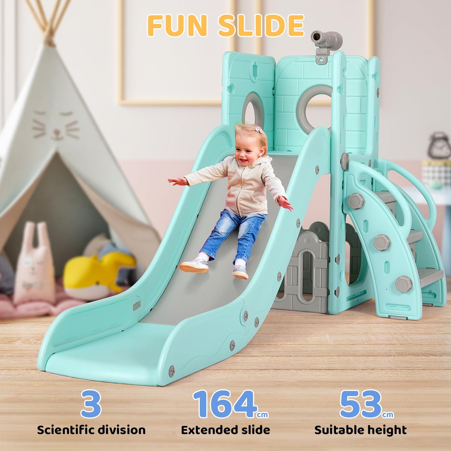 Swing Slide, 5-in-1 Children's Slide with Swing, Climbing Frame, Telescope, Storage, Indoor and Outdoor Freestanding Slide, Playground for Toddlers, for Max 60 kg from 1-6 Years, 2 Pieces Modules
