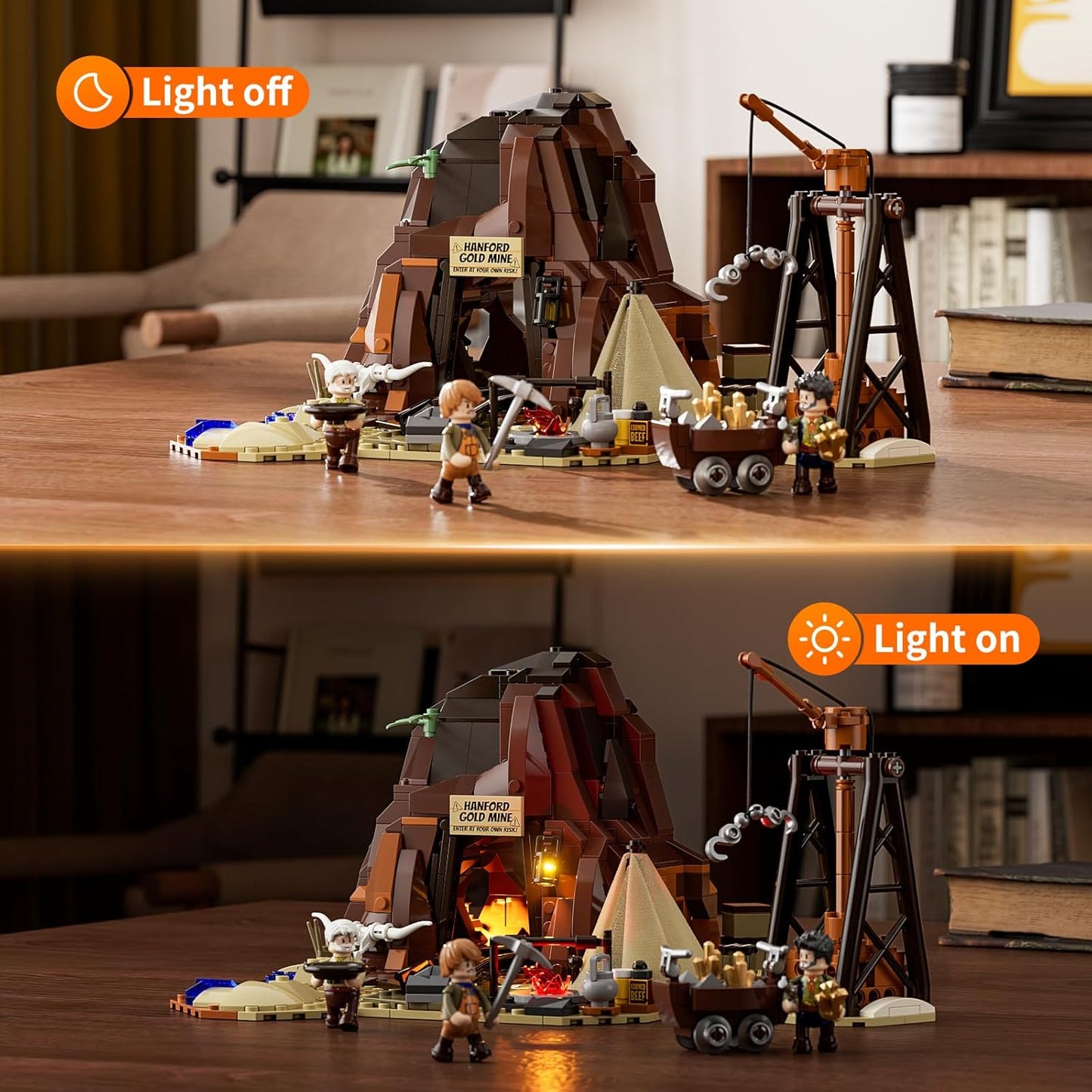 FUNWHOLE Goldmine Building Set with Lighting - 658 Building Blocks Western Mining Camp with Working Lorenwagon, Dynamite, Double-Sided Mini Figures & Tunnels - Wildwest Set for Adults & Teenagers