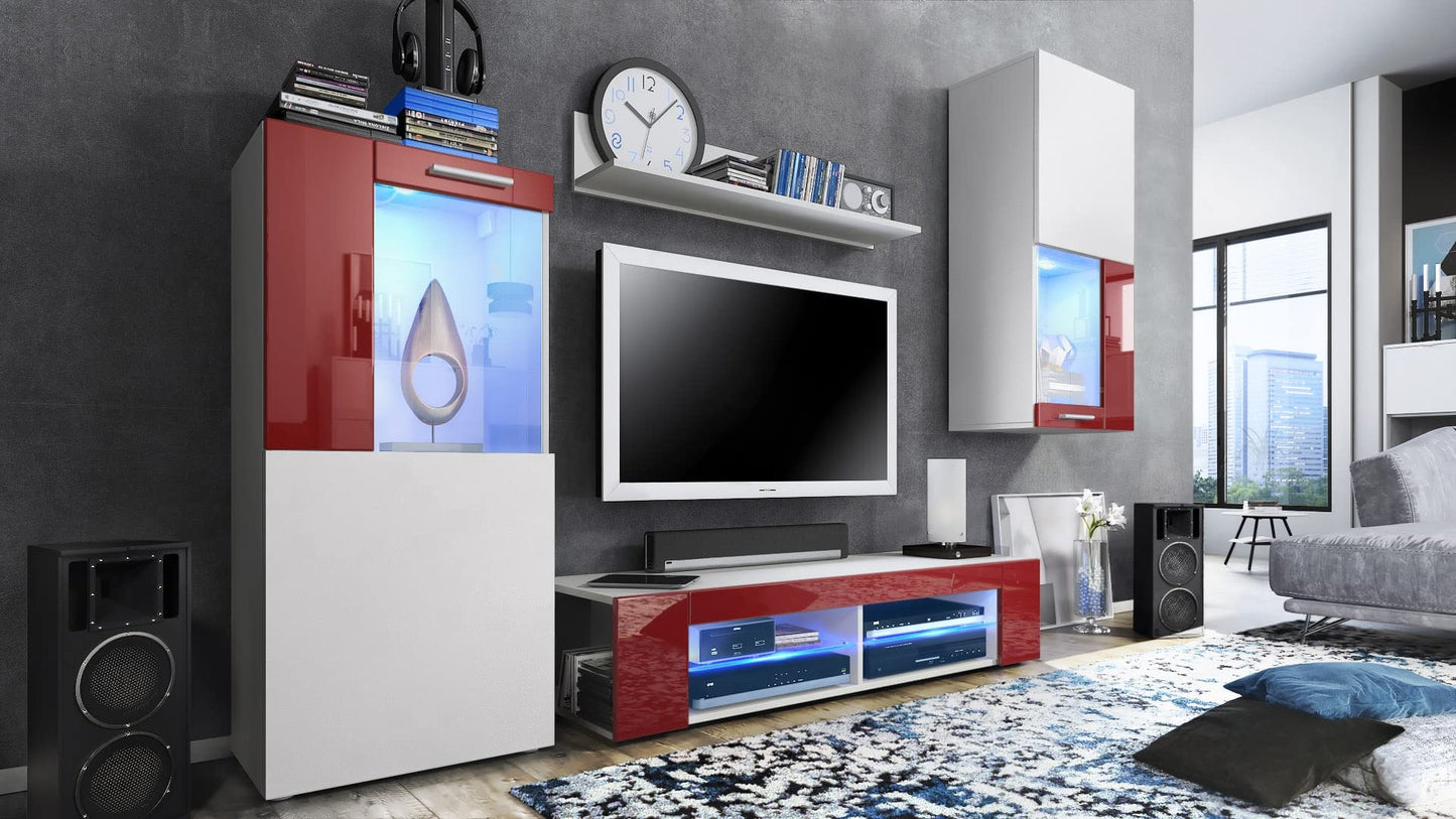 Vladon Wohnwand Movie, Anbauwand bestehend aus 1 TV-Board, 2 Vitrinen und 1 Regal, Weiß matt/Weiß matt/Weiß Hochglanz (Gesamt: 300 x 190 x 39 cm)