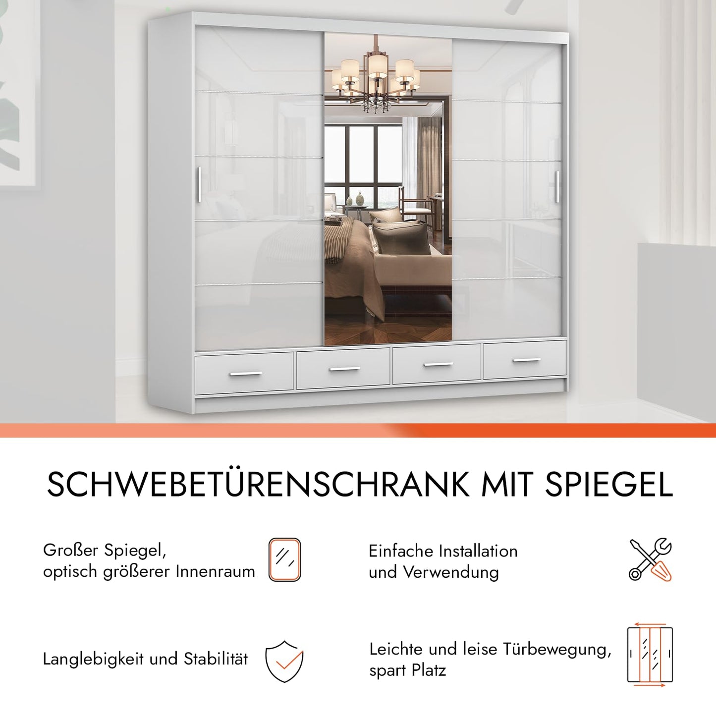 Fabryka Mebli Idźczak Kleiderschrank mit Spiegel weiß - Schwebetürenschrank - Schlafzimmerschrank - 61 x 250 x 218 cm - Wohnzimmerschrank - Garderobenschrank, Schrank mit 2 Türen, 4 Schubladen