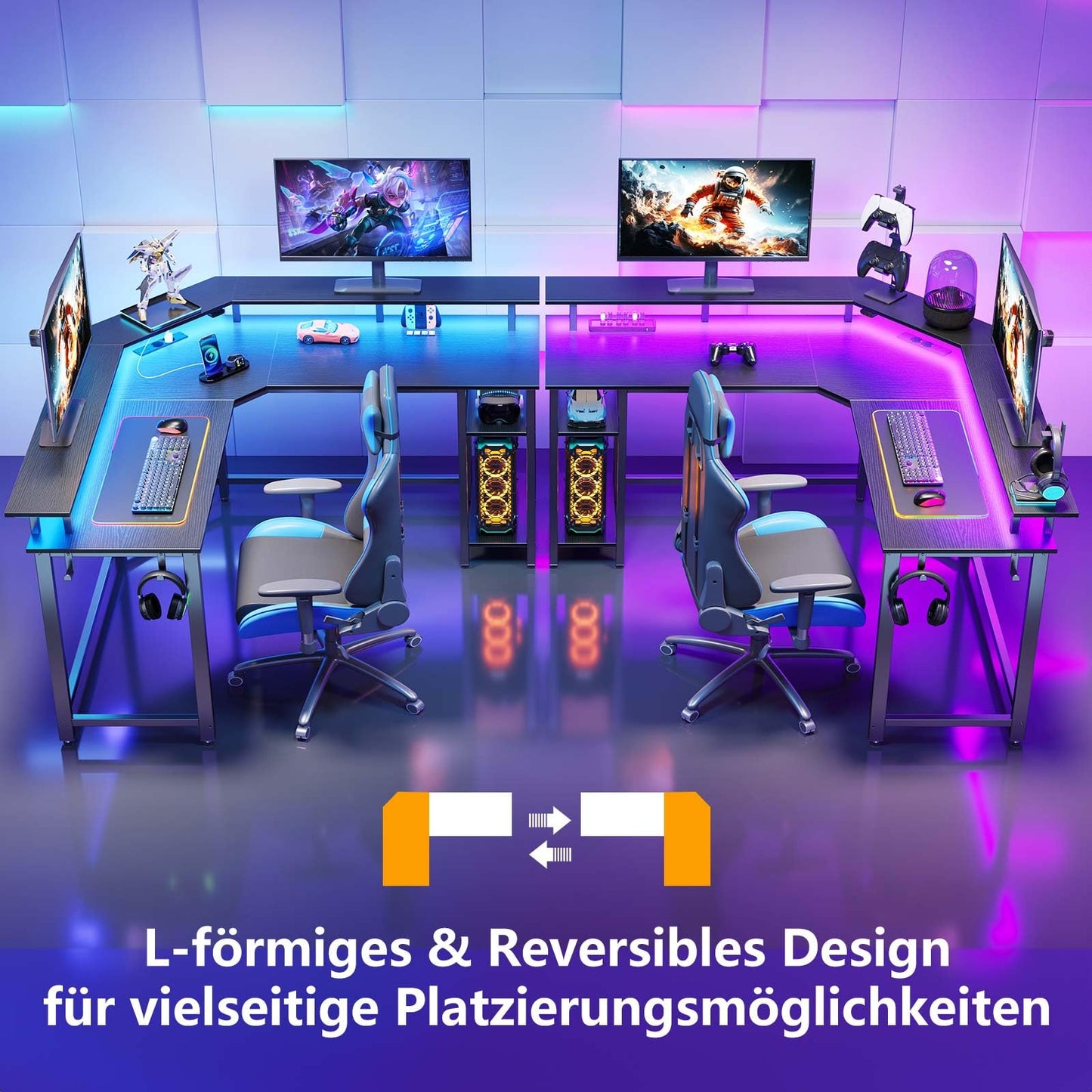 Rolanstar Schreibtisch L Form mit LED & Steckdosen, 117 cm Computertisch mit Monitorständer & Ablagefläche, Reversibler Eckschreibtisch mit 2 Haken, perfekt für Arbeitszimmer Schlafzimmer Büro