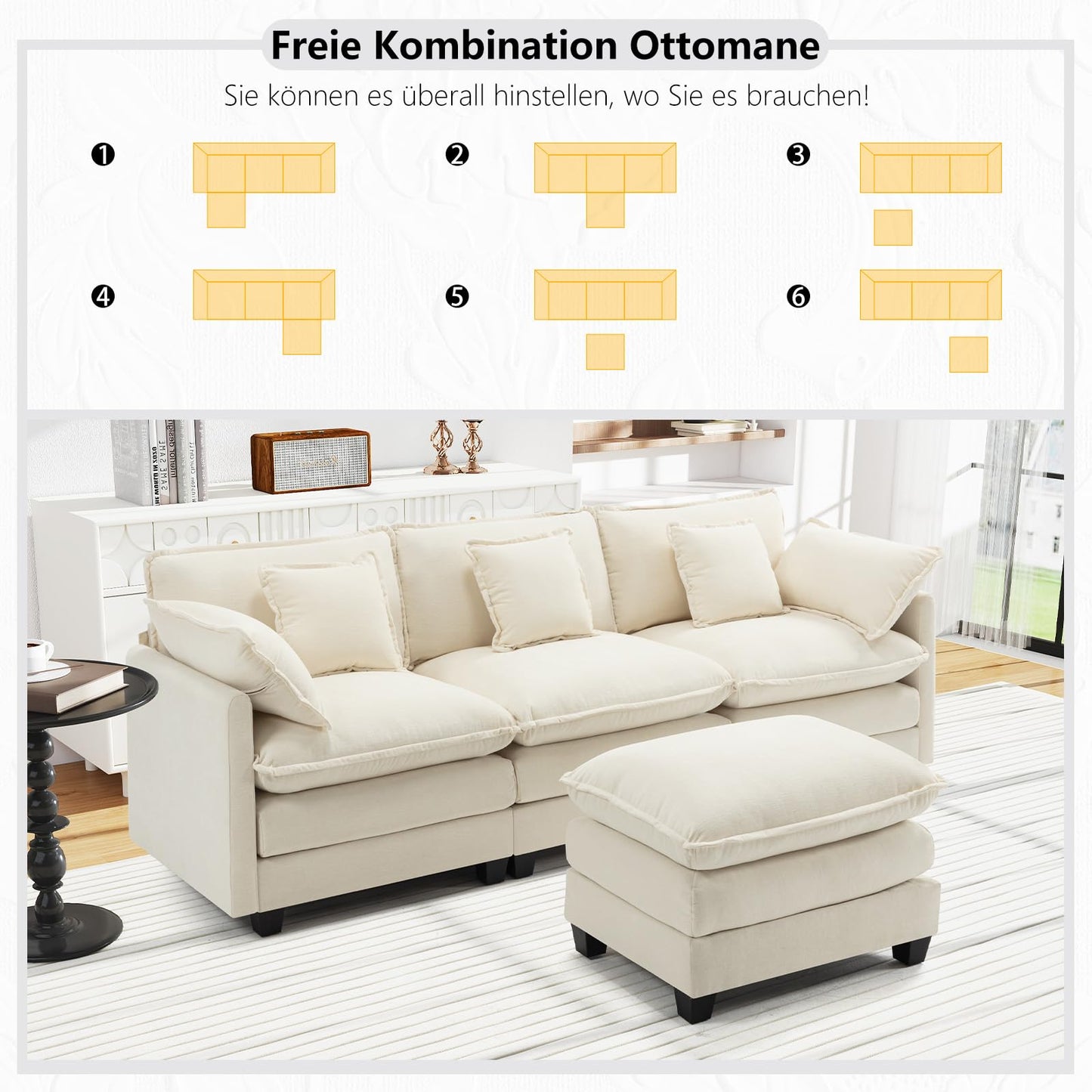 Urhanherry U-Shape Cloud Sofa, Modular Sectional Sofa, 6-Seater with 2 Ottomans, Modern Sofa with Decorative Cushions/Armrests, Breathable Chenille Fabric, U Sofa Couch for Living Room, Beige