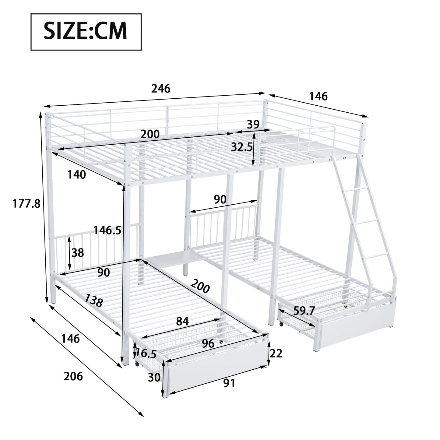 Merax Hausbett 90x200 cm mit 2 Schubladen, für 2 Kinder Doppelbett, Vielseitiges Holz Baumhausbett für Mädchen & Jungen, Stabil Spielbett Gitterbett mit Rausfallschutz und Lattenrost, Weiß