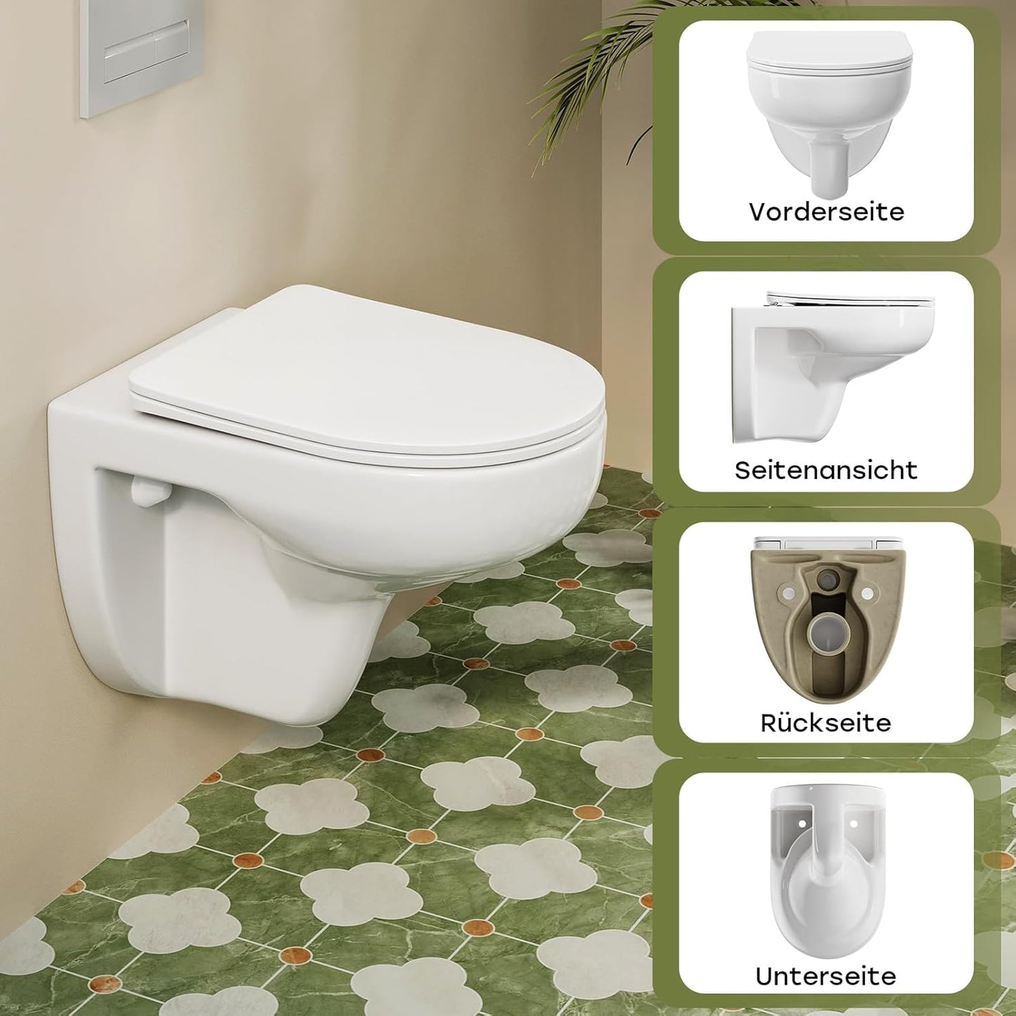 HOROW Wall-Mounted Toilet, Rimless, Toilet Including Toilet Lid with Soft-Close Mechanism, Powerful Flush Washdown Toilets, Toilet Bowl with Nano Coated Glaze, 52.5 x 36 x 36.5 cm