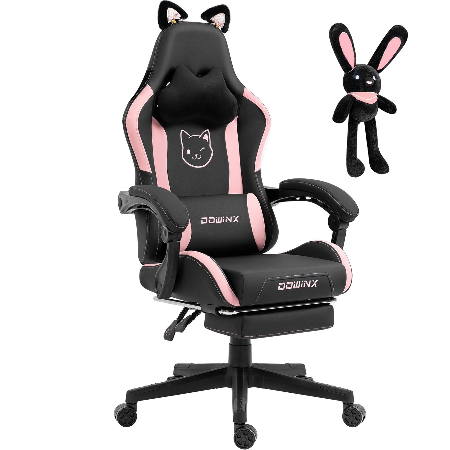 Dowinx Gaming Chair - Cute Cat Edition - Ergonomic Computer Chair with High Back and Lumbar Support, PU Leather, Footrest, Black