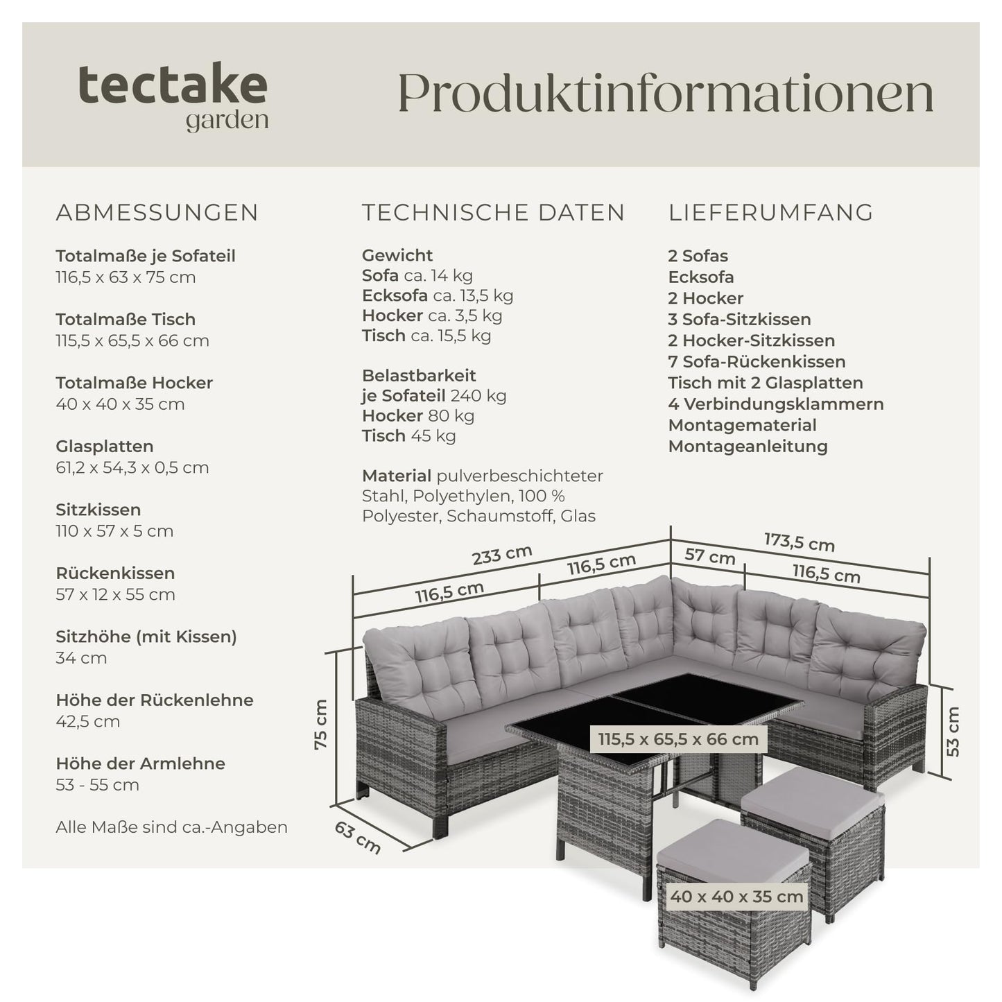tectake Polyrattan Lounge Set, Garden Furniture Set with Sofa, Stool + Table, Balcony Furniture Outdoor, 5-Piece Seating Set, Including Seat and Back Cushion, Ideal for Garden, Patio, Balcony -