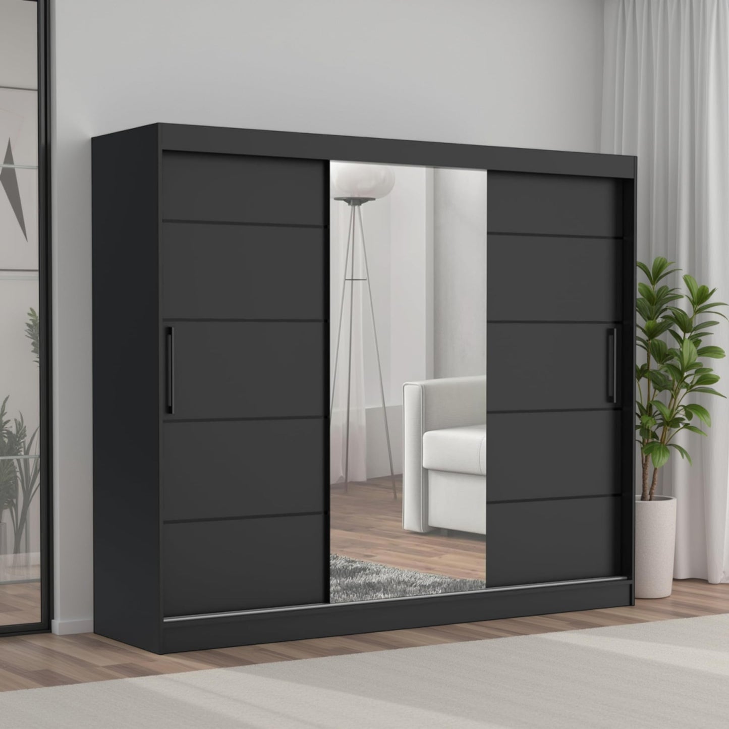 Brent - Kleiderschrank mit Spiegel und Schubladen 200cm Breit Chelsea Tomy, Schwebetürenschrank mit Spiegel, Schlafzimmerschrank, Kleiderschrank Schwarz/Wotan Eiche
