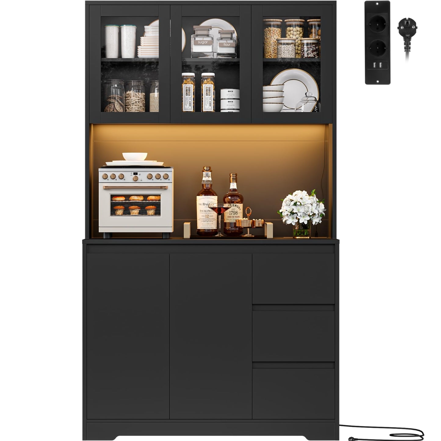 FirFurd Kitchen Cabinet Buffet Cabinet with LED Sideboard for Kitchen with Power Strip Kitchen Cabinet with Worktop and 3 Drawers Kitchen Buffet with Adjustable Shelf 180 x 100 x 38.5 cm (Black)