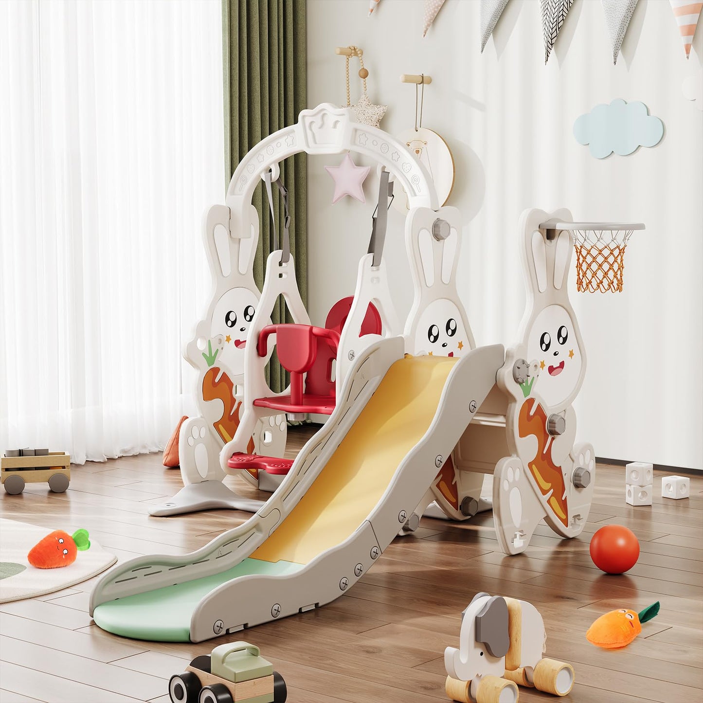 DADEA 6 in 1 Kinderrutsche mit Korb, Rutsche und Schaukel für Kinder im Freien Grün, 150 × 150 × 115 cm, Babyschaukel und Rutsche für Kinder zu Hause Schaukel Kinderrutsche, Grün