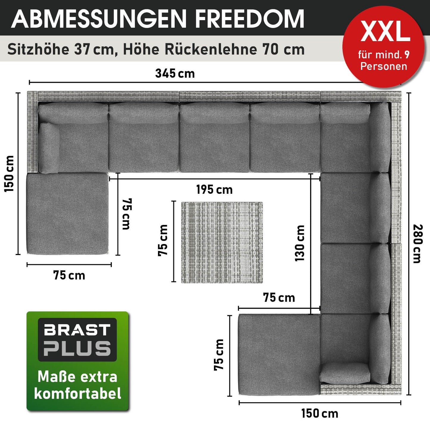 BRAST® Gartenmöbel Lounge Set XXL | 8-12 Personen viele Modelle & Farben | inkl. extra Dicke Kissen | TÜV geprüft | Outdoor Loungemöbel Sitzgruppe Essgruppe Garnitur | Dreams Grau