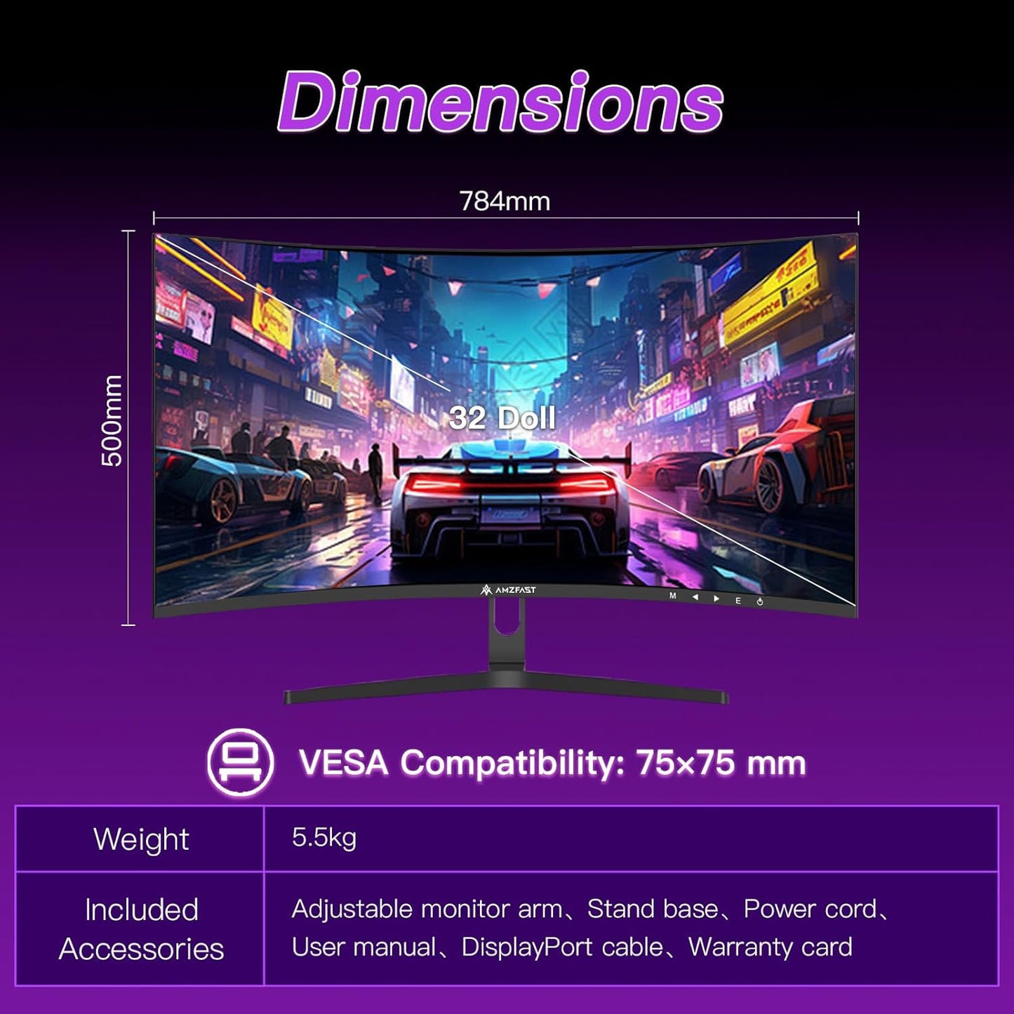 Amzfast 32 Zoll Curved Gaming Monitor (240Hz, 1920x1080, 1ms MPRT, 1500R), Adaptive-Sync, 90% DCI-P3, 120% sRGB, 300cd/m², HDMI 2.0 & DisplayPort 1.4 (AMZG32C3F)