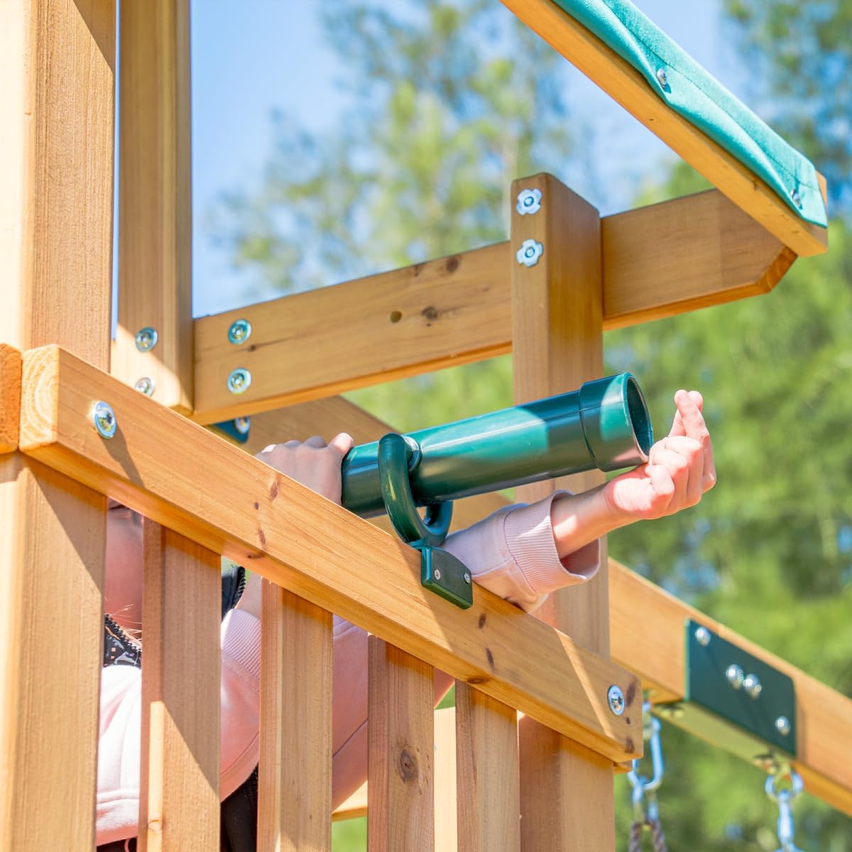 DOLPHIN PLAYGROUND T Schaukelgestell Outdoor-Set mit 2 Schaukeln, Rutsche, Kletterwand, Tafel, Picknicktisch & Teleskop - Robustes Outdoor-Spielgerät aus Zedernholz für Kinder ab 3 Jahren