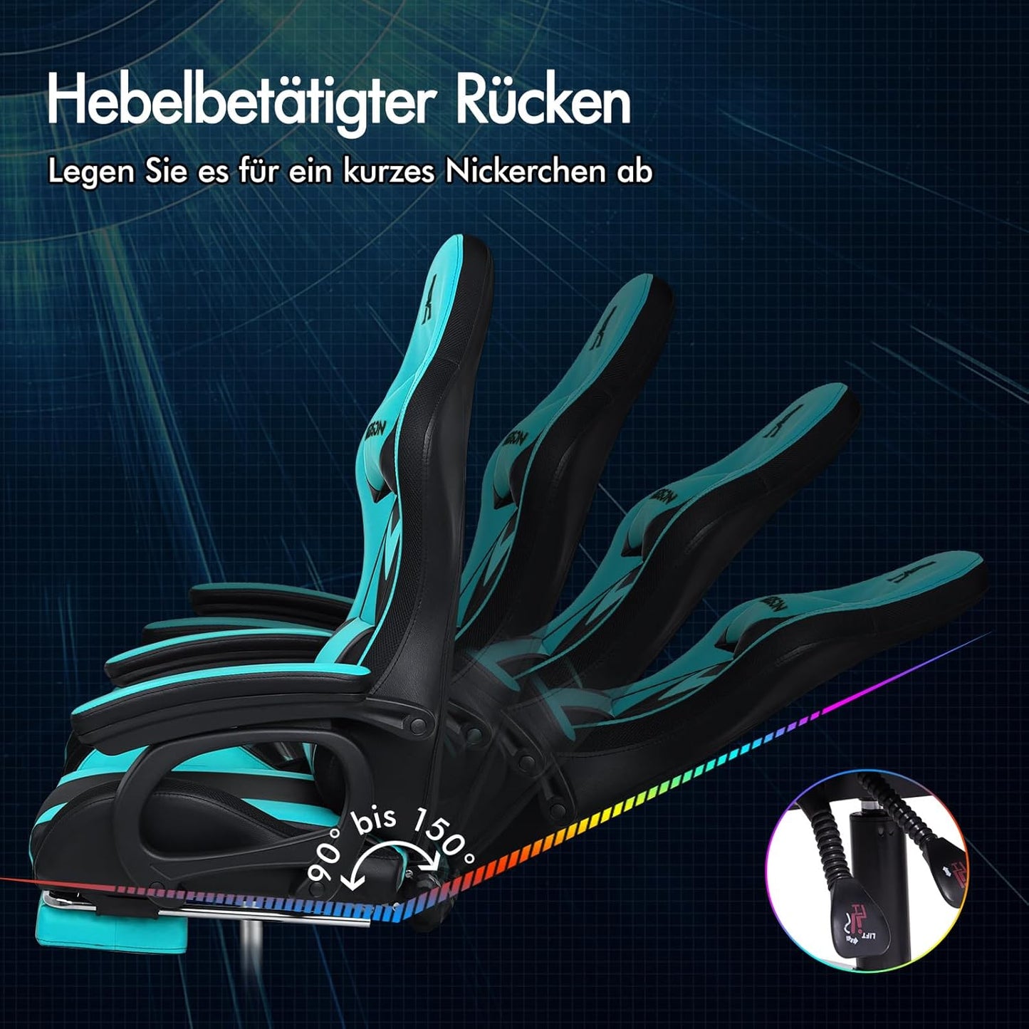 ALFORDSON Gaming-Stuhl, LED-Racing-Gamer-Stuhl mit 12-Farben-RGB-Beleuchtung, Massage-Gaming-Stuhl mit Lordosenstütze, Fußstütze, PU-Material, Cyan