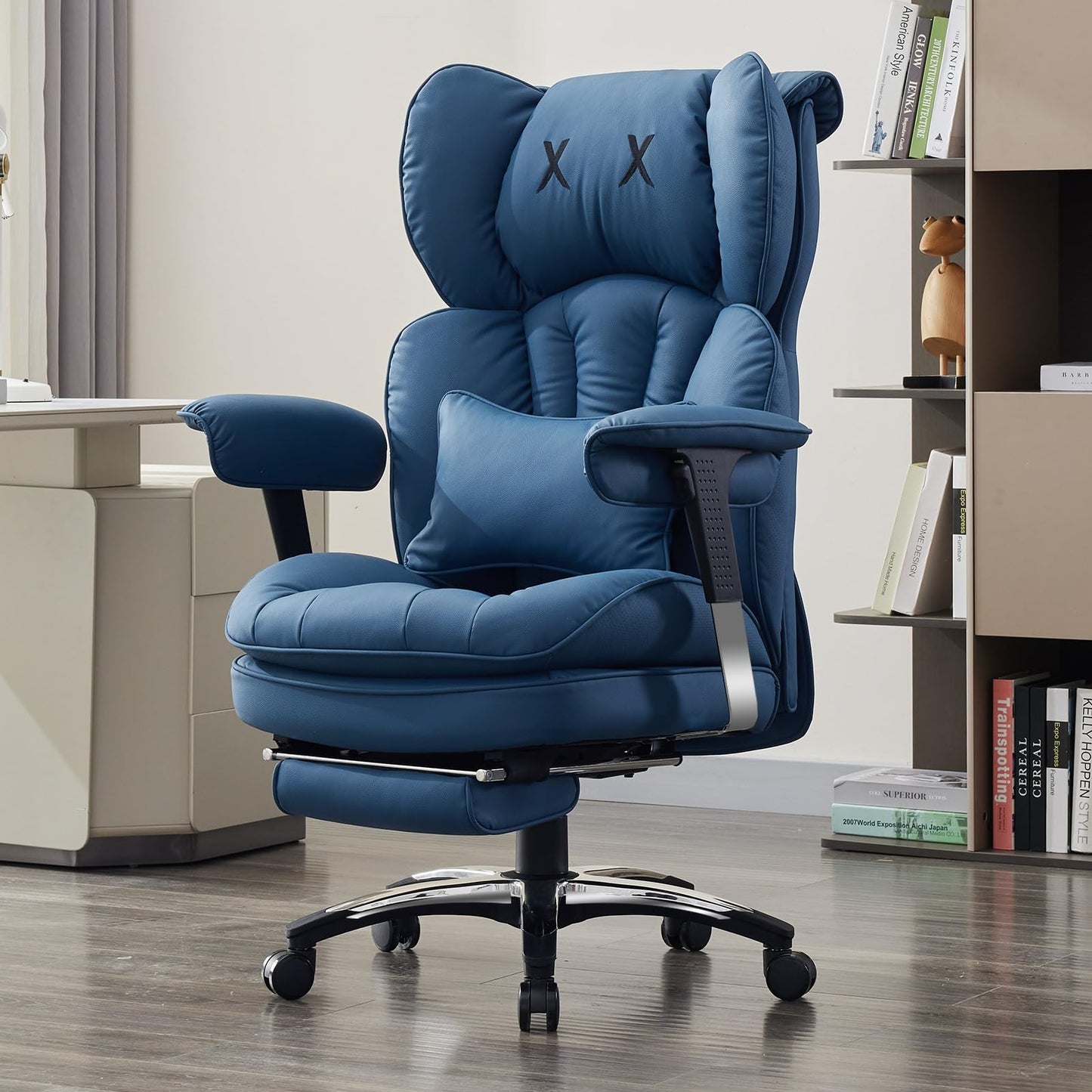 Efomao Bürostuhl, X-Stickerei Big and Tall Stuhl aus PU Leder für Zuhause, Verstellbarer Hochlehner Computer Gaming Stuhl, 200 kg drehbarer Chefsessel mit Fußstütze und Lendenwirbelstütze, Weiß