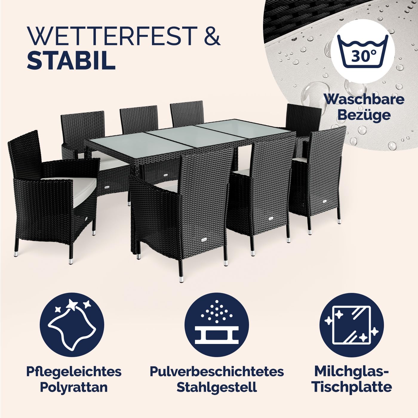 Casaria® Gartenmöbel Set 8 Personen Stühle inkl. 7cm Polster & Abdeckung Tisch 190x90cm 160kg Belastbar Wetterfest Polyrattan Stapelbar Terrasse Möbel Grau
