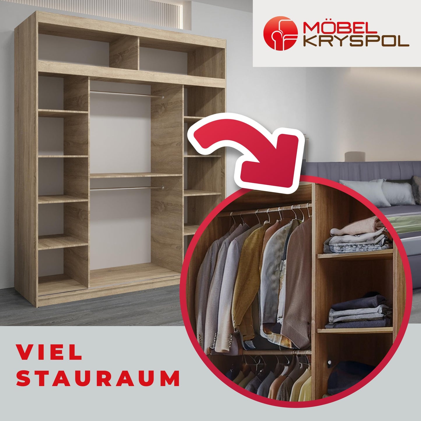 MEBLE KRYSPOL Verona 4 250 Bedroom Wardrobe Sliding Doors Cabinet with Mirror Wardrobe with Mirror Sliding Door Wardrobe Sliding Doors - 250 x 240 x 62 cm - Sonoma with Extension