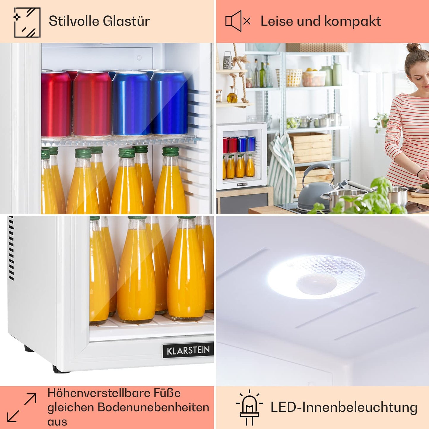 Klarstein Kühlschrank, Mini Kühlschrank mit Glastüre, Mini-Kühlschrank für Getränke, Snacks & Kosmetik, Kühlschrank Klein & Leise, Verstellbare Ablagen, Kleiner Skincare Kühlschrank 12-18°C, 23L