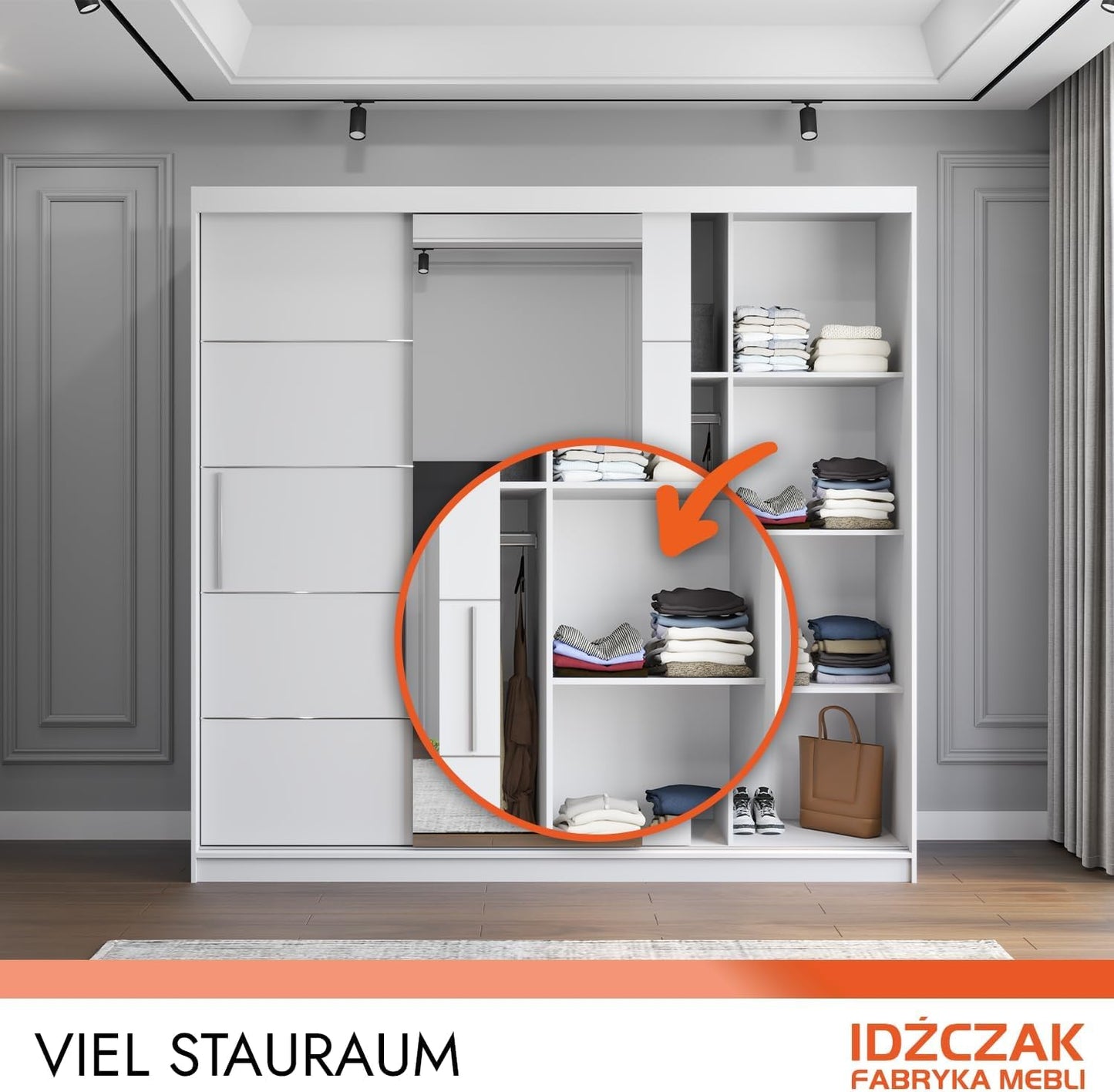 Fabryka Mebli Idźczak Kleiderschrank mit Spiegel, Schiebetüren - Weißer Schwebetürenschrank, Schlafzimmerschrank - 61 x 250 x 218 cm - Schrank für Schlafzimmer, Wohnzimmer, Garderobe