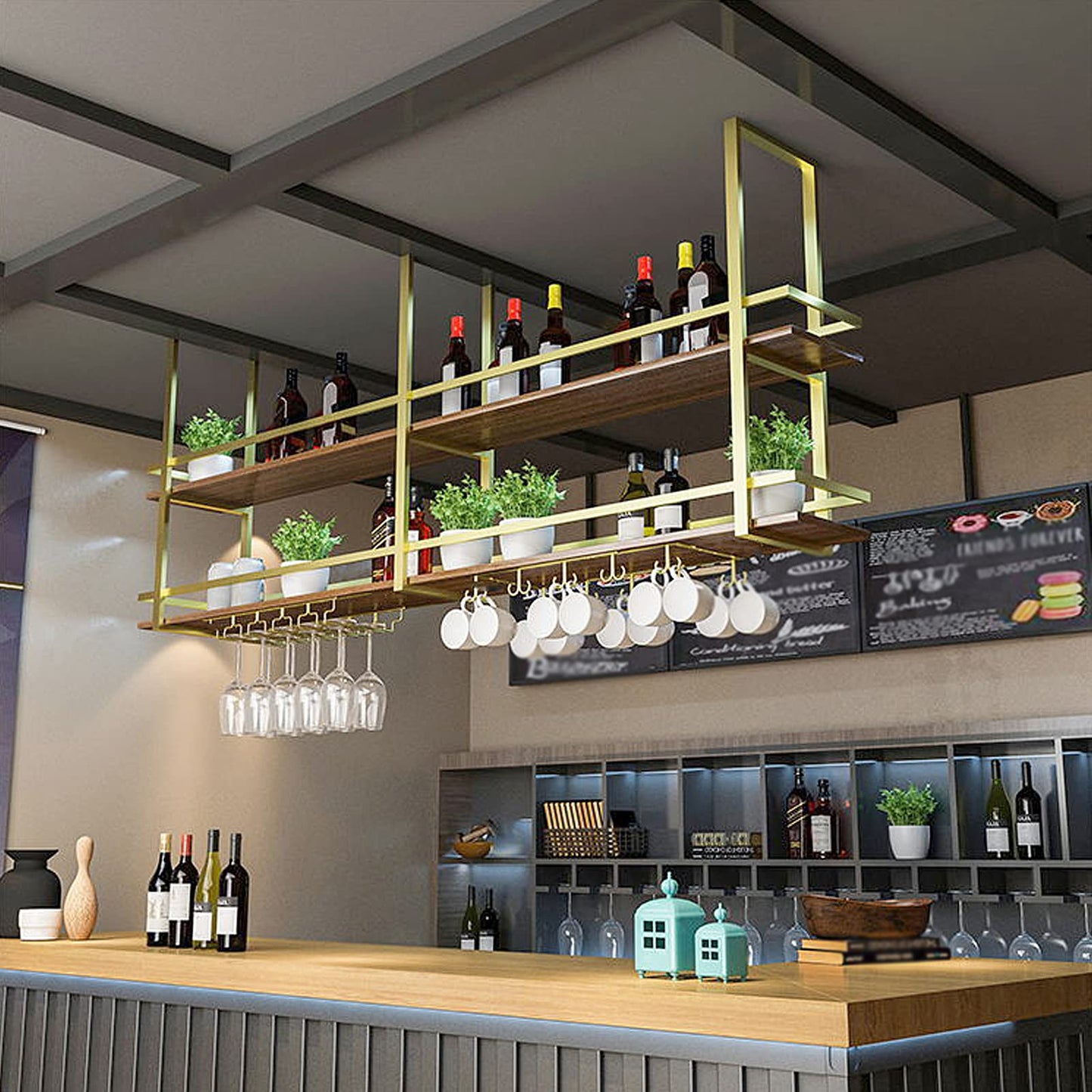 Ceiling Shelf Wine Rack - Ceiling Shelf Hanging Metal Wine Glass Rack, 2-Layer Industrial Hanging Wine Bottle Holder with Glass Shelf for Stemware, for Bar, Cafe, Kitchen (Black, 100 x 30 x 80 cm)