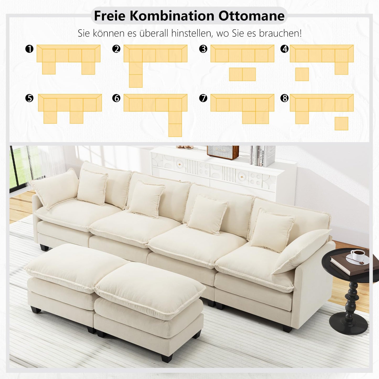 Urhanherry U-Shape Cloud Sofa, Modular Sectional Sofa, 6-Seater with 2 Ottomans, Modern Sofa with Decorative Cushions/Armrests, Breathable Chenille Fabric, U Sofa Couch for Living Room, Beige